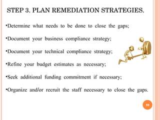 Determine what needs to be done to close the gaps; Document your business compliance strategy;  Document your technical compliance strategy;  Refine your budget estimates as necessary;  Seek additional funding commitment if necessary;  Organize and/or recruit the staff necessary to close the gaps.  STEP 3. PLAN REMEDIATION STRATEGIES. 