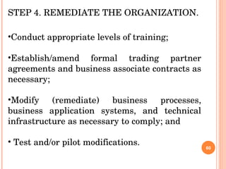 Conduct appropriate levels of training; Establish/amend formal trading partner agreements and business associate contracts as necessary; Modify (remediate) business processes, business application systems, and technical infrastructure as necessary to comply; and Test and/or pilot modifications.  STEP 4. REMEDIATE THE ORGANIZATION. 