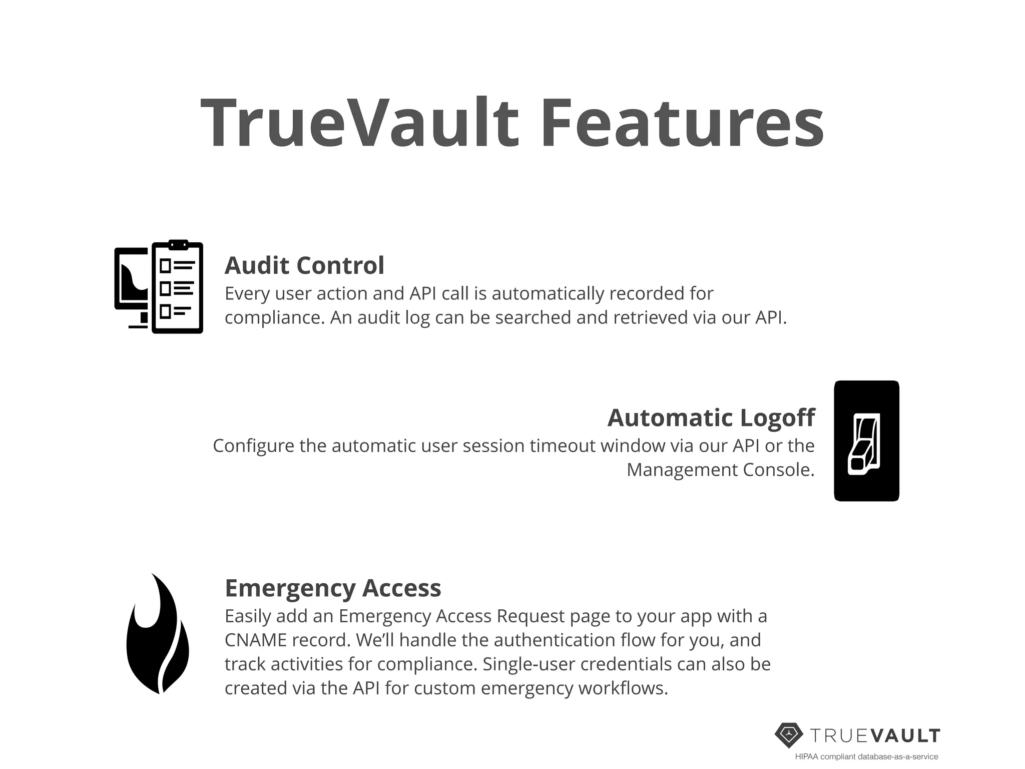 TrueVault Features
HIPAA compliant database-as-a-service
Audit Control
Every user action and API call is automatically recorded for
compliance. An audit log can be searched and retrieved via our API.
Automatic Logoﬀ
Conﬁgure the automatic user session timeout window via our API or the
Management Console.
Emergency Access
Easily add an Emergency Access Request page to your app with a
CNAME record. We’ll handle the authentication ﬂow for you, and
track activities for compliance. Single-user credentials can also be
created via the API for custom emergency workﬂows.
 