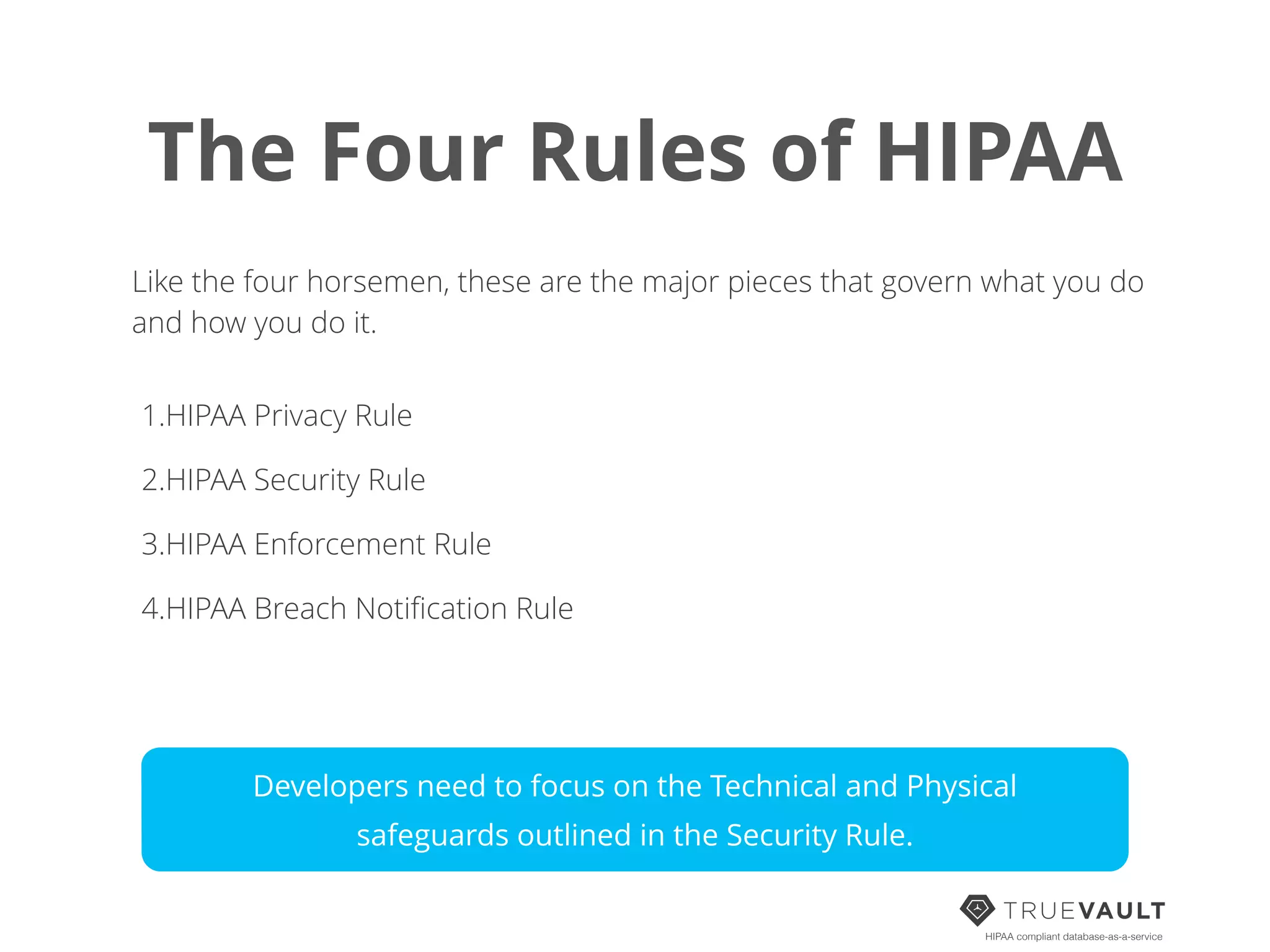 The Four Rules of HIPAA
Like the four horsemen, these are the major pieces that govern what you do
and how you do it.
1.HIPAA Privacy Rule
2.HIPAA Security Rule
3.HIPAA Enforcement Rule
4.HIPAA Breach Notiﬁcation Rule 
HIPAA compliant database-as-a-service
Developers need to focus on the Technical and Physical
safeguards outlined in the Security Rule.
 