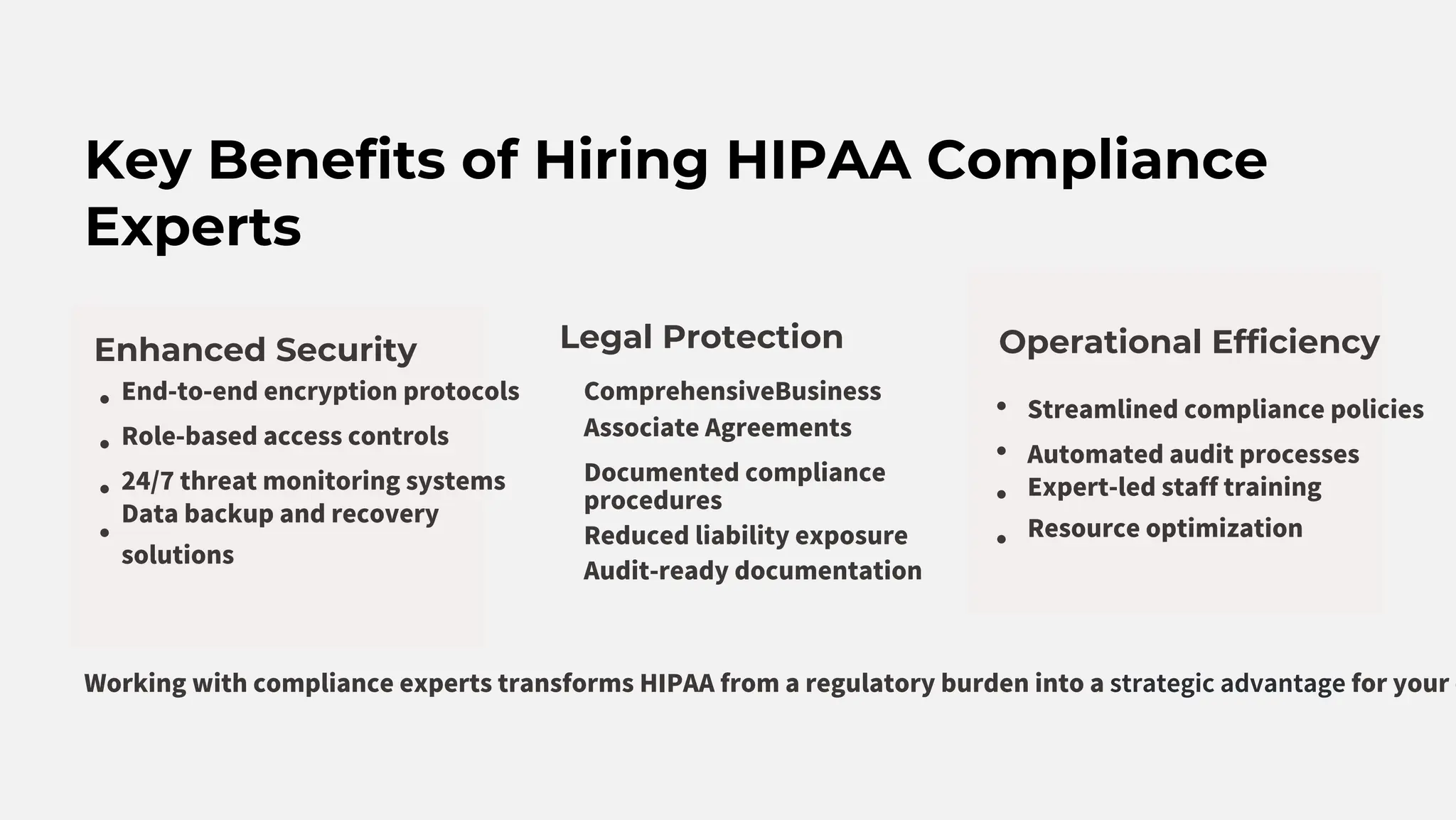 Key Benefits of Hiring HIPAA Compliance
Experts
Enhanced Security Legal Protection Operational Efficiency
End-to-end encryption protocols
Role-based access controls
24/7 threat monitoring systems
Data backup and recovery
solutions
ComprehensiveBusiness
Associate Agreements
Documented compliance
procedures
Reduced liability exposure
Audit-ready documentation
Streamlined compliance policies
Automated audit processes
Expert-led staff training
Resource optimization
Working with compliance experts transforms HIPAA from a regulatory burden into a strategic advantage for your o
 