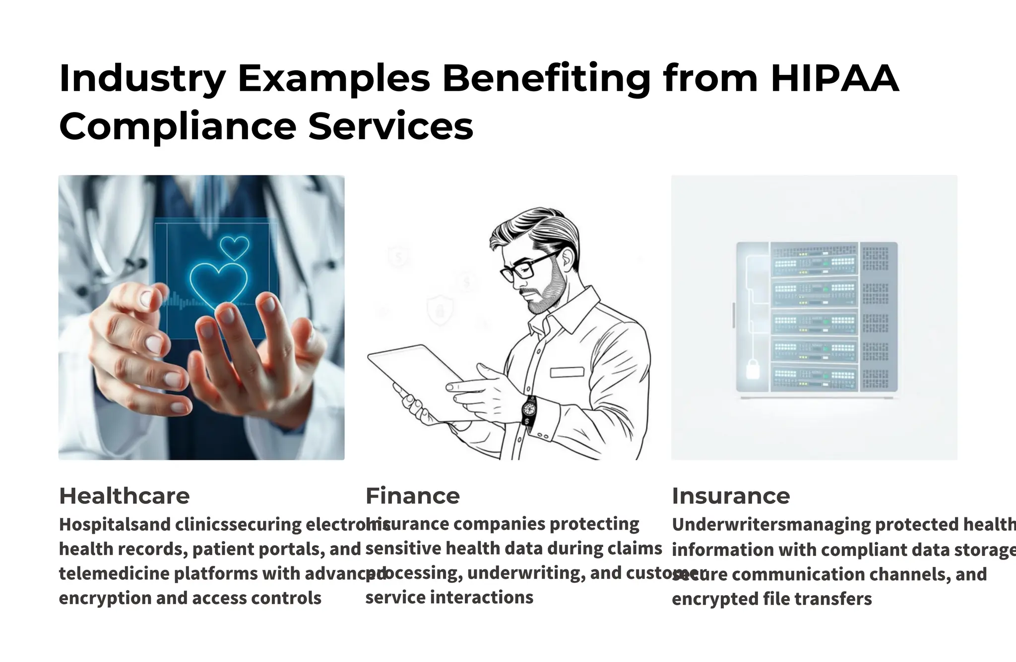 Industry Examples Benefiting from HIPAA
Compliance Services
Healthcare Finance
Insurance companies protecting
sensitive health data during claims
processing, underwriting, and customer
service interactions
Insurance
Hospitalsand clinicssecuring electronic
health records, patient portals, and
telemedicine platforms with advanced
encryption and access controls
Underwritersmanaging protected health
information with compliant data storage
secure communication channels, and
encrypted file transfers
 