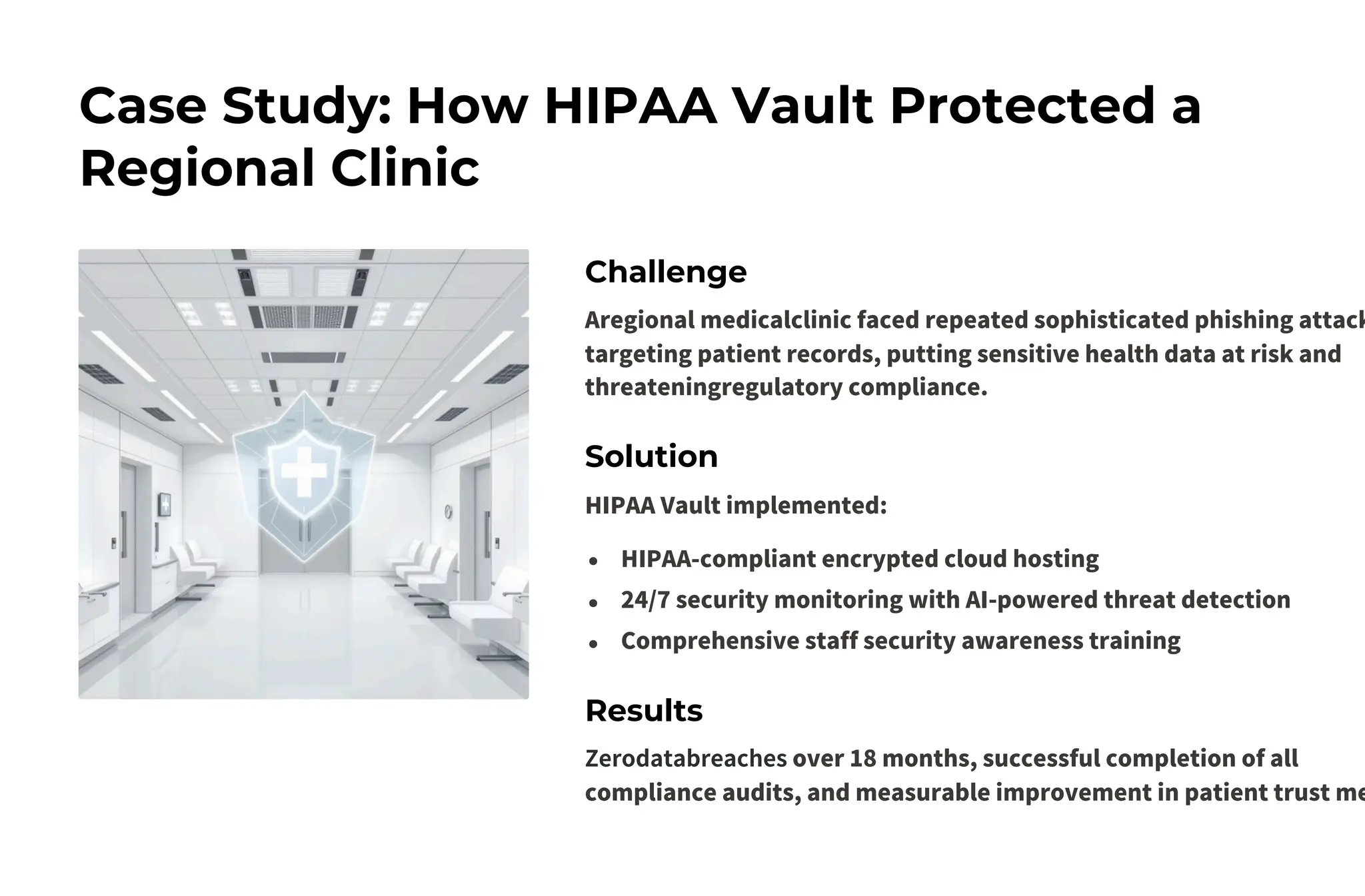 Case Study: How HIPAA Vault Protected a
Regional Clinic
Results
Solution
Challenge
HIPAA Vault implemented:
HIPAA-compliant encrypted cloud hosting
24/7 security monitoring with AI-powered threat detection
Comprehensive staff security awareness training
Aregional medicalclinic faced repeated sophisticated phishing attack
targeting patient records, putting sensitive health data at risk and
threateningregulatory compliance.
Zerodatabreaches over 18 months, successful completion of all
compliance audits, and measurable improvement in patient trust me
 