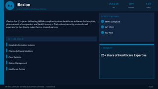 #11 Iflexion
Custom Healthcare Software Veteran
USA & UK
HQ
1999
Founded
4.6/5
Rating
Iflexion has 25+ years delivering HIPAA-compliant custom healthcare software for hospitals,
pharmaceutical companies, and health insurers. Their robust security protocols and
experienced dev teams make them a trusted partner.
K E Y S E R V I C E S
Hospital Information Systems
Pharma Software Solutions
Payer Systems
Claims Management
Healthcare Portals
C E R T I F I C A T I O N S
HIPAA Compliant
ISO 27001
ISO 9001
⭐ HIGHLIGHT
25+ Years of Healthcare Expertise
TOP HIPAA COMPLIANT SOFTWARE DEVELOPMENT COMPANIES | CONFIDENTIAL © 2025
 