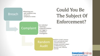 Could You Be
The Subject Of
Enforcement?
Breach
•Reporting your
own violations may
result in a
compliance review
Complaint
•An individual
reporting a
suspected violation
can trigger a
compliance
investigation
Random
Audit
•HITECH §13411 requires
HHS to periodically audit
covered entities and
business associates subject
to HIPAA Privacy and
Security rules, effective
2/17/10
 