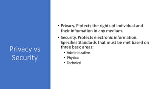 Privacy vs
Security
• Privacy. Protects the rights of individual and
their information in any medium.
• Security. Protects electronic information.
Specifies Standards that must be met based on
three basic areas:
• Administrative
• Physical
• Technical
 