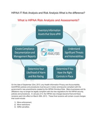 HIPAA IT Risk Analysis and Risk Analysis What is the difference?

What is HIPAA Risk Analysis and Assessments?

On the date of September 23rd, 2013, any Health Information Privacy and Accountability
Act(HIPAA) policies and procedures must be put in motion and become compliant with the
government’s new amendments created by the HIPAA Omnibus Rule. Many businesses and its
affiliations may no longer be legally compliant with the new regulations for the HIPAA security
policies and procedures. In January 213, the HIPAA new charges became final and these
revisions went into effect on March 26th, 2013. These final revisions will contain crucial charges
that could include:
1) More enforcement;
2) More restrictions
3) Stiffer penalties.

 