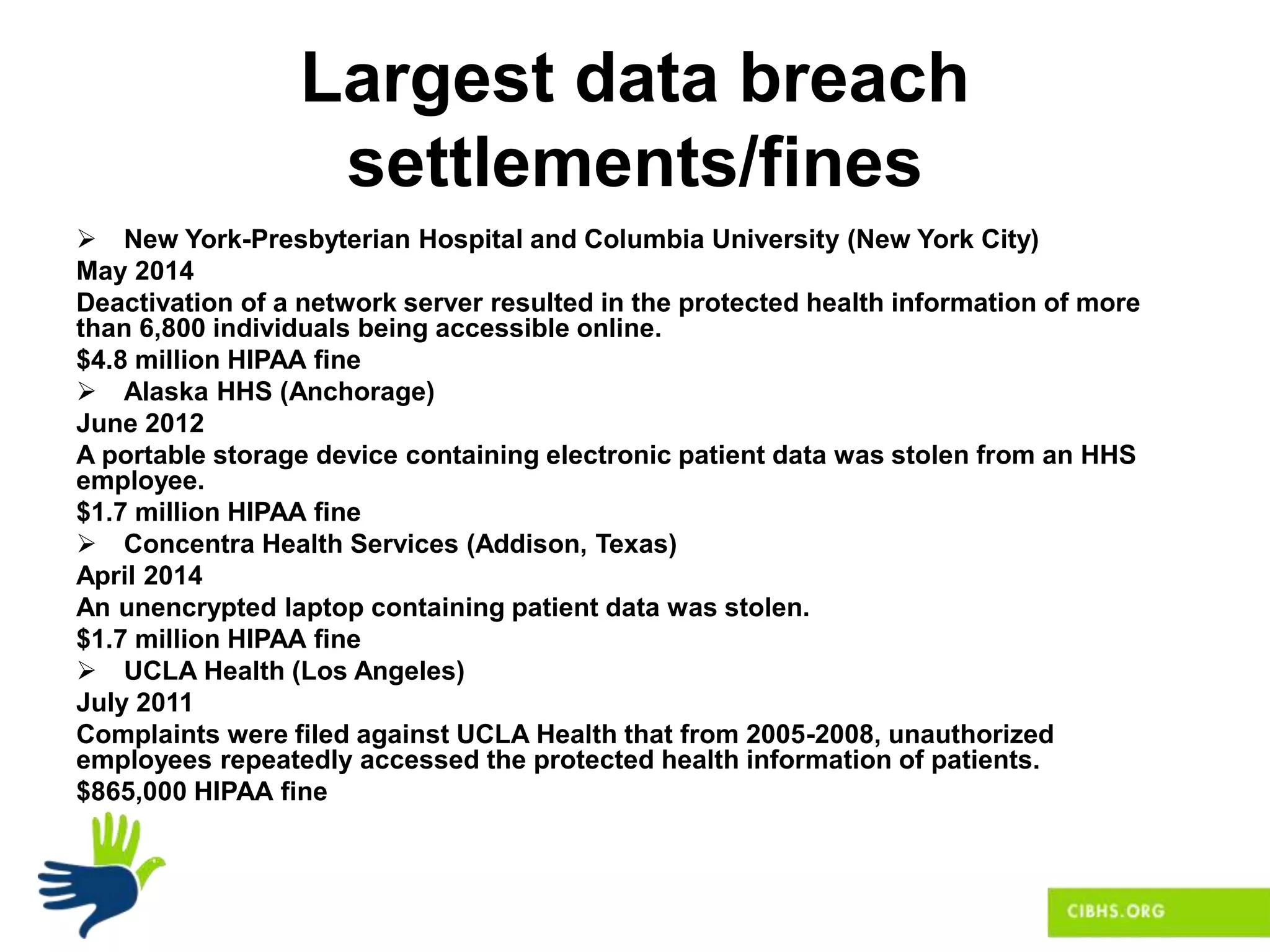 Largest data breach
settlements/fines
 New York-Presbyterian Hospital and Columbia University (New York City)
May 2014
Deactivation of a network server resulted in the protected health information of more
than 6,800 individuals being accessible online.
$4.8 million HIPAA fine
 Alaska HHS (Anchorage)
June 2012
A portable storage device containing electronic patient data was stolen from an HHS
employee.
$1.7 million HIPAA fine
 Concentra Health Services (Addison, Texas)
April 2014
An unencrypted laptop containing patient data was stolen.
$1.7 million HIPAA fine
 UCLA Health (Los Angeles)
July 2011
Complaints were filed against UCLA Health that from 2005-2008, unauthorized
employees repeatedly accessed the protected health information of patients.
$865,000 HIPAA fine
 