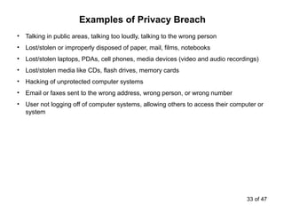 • Talking in public areas, talking too loudly, talking to the wrong person
• Lost/stolen or improperly disposed of paper, mail, films, notebooks
• Lost/stolen laptops, PDAs, cell phones, media devices (video and audio recordings)
• Lost/stolen media like CDs, flash drives, memory cards
• Hacking of unprotected computer systems
• Email or faxes sent to the wrong address, wrong person, or wrong number
• User not logging off of computer systems, allowing others to access their computer or
system
Examples of Privacy Breach
33 of 47
 