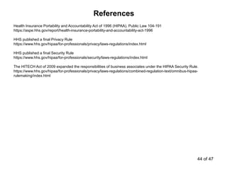 References
Health Insurance Portability and Accountability Act of 1996 (HIPAA), Public Law 104-191
https://aspe.hhs.gov/report/health-insurance-portability-and-accountability-act-1996
HHS published a final Privacy Rule
https://www.hhs.gov/hipaa/for-professionals/privacy/laws-regulations/index.html
HHS published a final Security Rule
https://www.hhs.gov/hipaa/for-professionals/security/laws-regulations/index.html
The HITECH Act of 2009 expanded the responsibilities of business associates under the HIPAA Security Rule.
https://www.hhs.gov/hipaa/for-professionals/privacy/laws-regulations/combined-regulation-text/omnibus-hipaa-
rulemaking/index.html
44 of 47
 