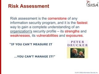 © 2013 SISA Information Security Inc.
Risk Assessment
Risk assessment is the cornerstone of any
information security program, and it is the fastest
way to gain a complete understanding of an
organization's security profile – its strengths and
weaknesses, its vulnerabilities and exposures.
“IF YOU CAN’T MEASURE IT
…YOU CAN’T MANAGE IT!”
 