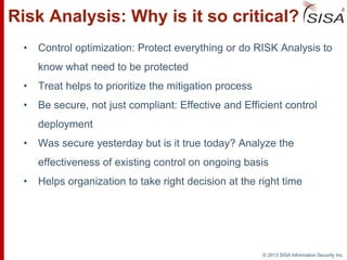 © 2013 SISA Information Security Inc.
Risk Analysis: Why is it so critical?
• Control optimization: Protect everything or do RISK Analysis to
know what need to be protected
• Treat helps to prioritize the mitigation process
• Be secure, not just compliant: Effective and Efficient control
deployment
• Was secure yesterday but is it true today? Analyze the
effectiveness of existing control on ongoing basis
• Helps organization to take right decision at the right time
 
