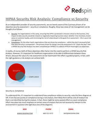 HIPAA Security Risk Analysis: Compliance vs Security
As an independent provider of security assessments, we are keenly aware of the 2 primary drivers of an
objective security assessment – security or compliance. Roughly, these two views of risk management can be
thought of as follows:

      Security: For organizations in this camp, ensuring that ePHI is protected is mission critical to the business. Any
       impact to data security would be viewed as negatively impacting business value: whether it be monetary, brand
       value or customer loyalty, and minimizing the risk of a data breach is the goal of an assessment – this is pure risk
       management.
      Compliance: On the other hand, organizations that are driven by compliance – while they don’t necessarily feel
       that data security is unimportant – the primary driver for doing a security assessment is to “check-the-box” that
       a HIPAA Security Risk Analysis has been completed per HIPAA or to address HITECH meaningful use objectives.

In reality, of course, both of these objectives often factor into the need to perform a HIPAA Security Risk
Analysis. However, it’s important for healthcare organizations to be able to differentiate between these
drivers, because the value of a risk assessment can be maximized if the effort is guided properly. In fact, with
the right guidance a risk analysis can achieve both.




Security vs. Compliance

To understand this, it’s important to understand how compliance relates to security; note the Venn diagram at
left. If one focuses purely on compliance during a risk analysis, then likely there will be a lot of residual risk
that is not identified during the analysis. In fact, there might be some wasted effort as a pure compliance
effort may place too much emphasis on certain areas of analysis that are not necessarily relevant to the
environment in question (the light blue area of the diagram).

                       WEB                              PHONE                             EMAIL

               WWW.REDSPIN.COM                       800-721-9177                  INFO@REDSPIN.COM
 