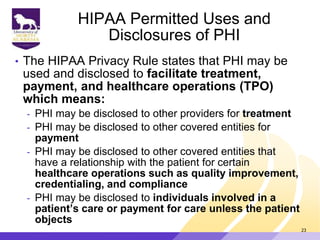 HIPAA Permitted Uses and
Disclosures of PHI
• The HIPAA Privacy Rule states that PHI may be
used and disclosed to facilitate treatment,
payment, and healthcare operations (TPO)
which means:
- PHI may be disclosed to other providers for treatment
- PHI may be disclosed to other covered entities for
payment
- PHI may be disclosed to other covered entities that
have a relationship with the patient for certain
healthcare operations such as quality improvement,
credentialing, and compliance
- PHI may be disclosed to individuals involved in a
patient’s care or payment for care unless the patient
objects
23
 