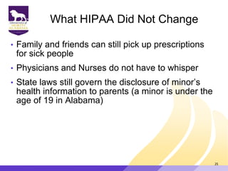 What HIPAA Did Not Change
• Family and friends can still pick up prescriptions
for sick people
• Physicians and Nurses do not have to whisper
• State laws still govern the disclosure of minor‟s
health information to parents (a minor is under the
age of 19 in Alabama)
25
 