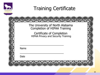 Training Certificate
The University of North Alabama
Completion of HIPAA Training
Certificate of Completion
HIPAA Privacy and Security Training
________________________________
Name
________________________________
Date
68
 