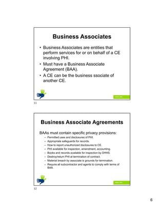 6
Business Associates
• Business Associates are entities that
perform services for or on behalf of a CE
involving PHI.
• Must have a Business Associate
Agreement (BAA).
• A CE can be the business ssociate of
another CE.
Business Associate Agreements
BAAs must contain specific privacy provisions:
– Permitted uses and disclosures of PHI.
– Appropriate safeguards for records.
– How to report unauthorized disclosures to CE.
– PHI available for inspection, amendment, accounting.
– Books and records available for inspection by DHHS.
– Destroy/return PHI at termination of contract.
– Material breach by associate is grounds for termination.
– Require all subcontractor and agents to comply with terms of
BAA.
11
12
 