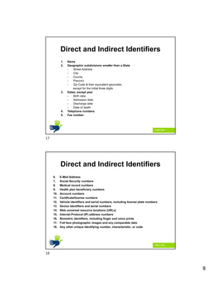 9
Direct and Indirect Identifiers
1. Name
2. Geographic subdivisions smaller than a State
- Street Address
- City
- County
- Precinct
- Zip Code & their equivalent geocodes,
except for the initial three digits
3. Dates, except year
- Birth date
- Admission date
- Discharge date
- Date of death
4. Telephone numbers
5. Fax number
Direct and Indirect Identifiers
6. E-Mail Address
7. Social Security numbers
8. Medical record numbers
9. Health plan beneficiary numbers
10. Account numbers
11. Certificate/license numbers
12. Vehicle identifiers and serial numbers, including license plate numbers
13. Device identifiers and serial numbers
14. Web universal resource locations (URLs)
15. Internet Protocol (IP) address numbers
16. Biometric identifiers, including finger and voice prints
17. Full face photographic images and any comparable data
18. Any other unique identifying number, characteristic, or code
17
18
 
