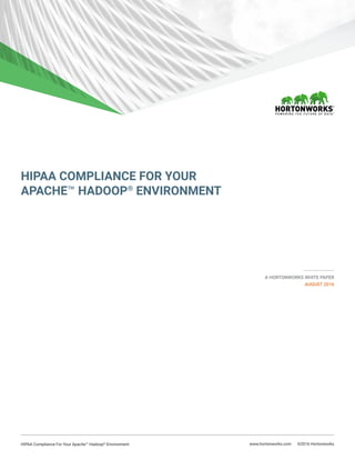 HIPAA Compliance For Your Apache™ Hadoop®
Environment www.hortonworks.com ©2016 Hortonworks
A HORTONWORKS WHITE PAPER
AUGUST 2016
HIPAA COMPLIANCE FOR YOUR
APACHE™ HADOOP®
ENVIRONMENT
 