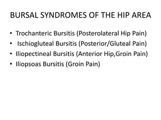 BURSAL SYNDROMES OF THE HIP AREA
• Trochanteric Bursitis (Posterolateral Hip Pain)
• Ischiogluteal Bursitis (Posterior/Gluteal Pain)
• Iliopectineal Bursitis (Anterior Hip,Groin Pain)
• Iliopsoas Bursitis (Groin Pain)
 