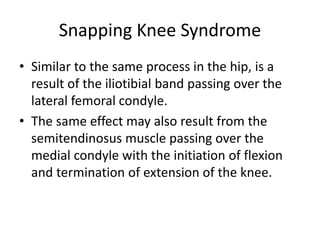 Snapping Knee Syndrome
• Similar to the same process in the hip, is a
result of the iliotibial band passing over the
lateral femoral condyle.
• The same effect may also result from the
semitendinosus muscle passing over the
medial condyle with the initiation of flexion
and termination of extension of the knee.
 