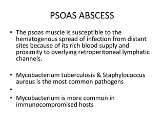 PSOAS ABSCESS
• The psoas muscle is susceptible to the
hematogenous spread of infection from distant
sites because of its rich blood supply and
proximity to overlying retroperitoneal lymphatic
channels.
• Mycobacterium tuberculosis & Staphylococcus
aureus is the most common pathogens
•
• Mycobacterium is more common in
immunocompromised hosts
 