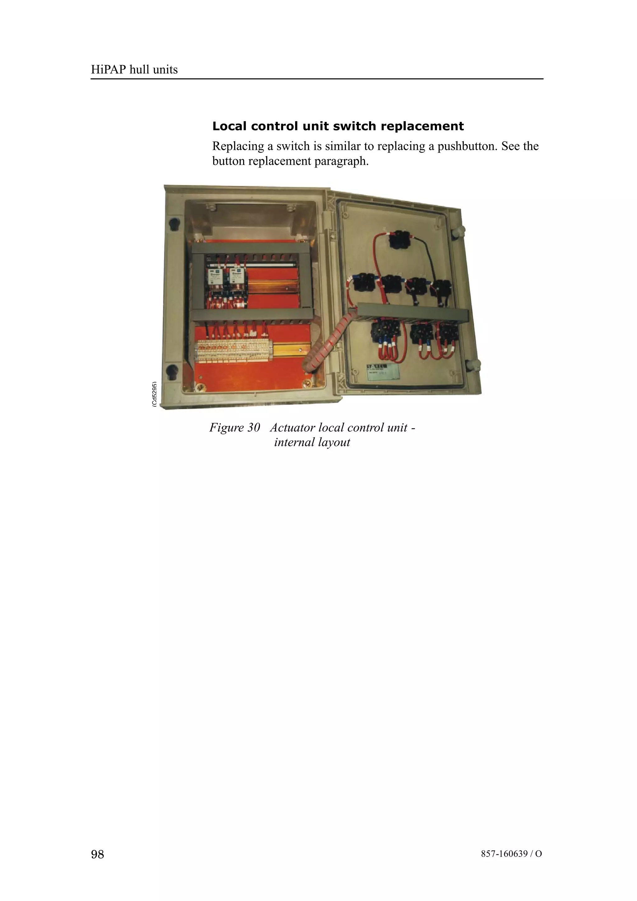 HiPAP hull units
98 857-160639 / O
Local control unit switch replacement
Replacing a switch is similar to replacing a pushbutton. See the
button replacement paragraph.
(Cd5295)
Figure 30 Actuator local control unit -
internal layout
 