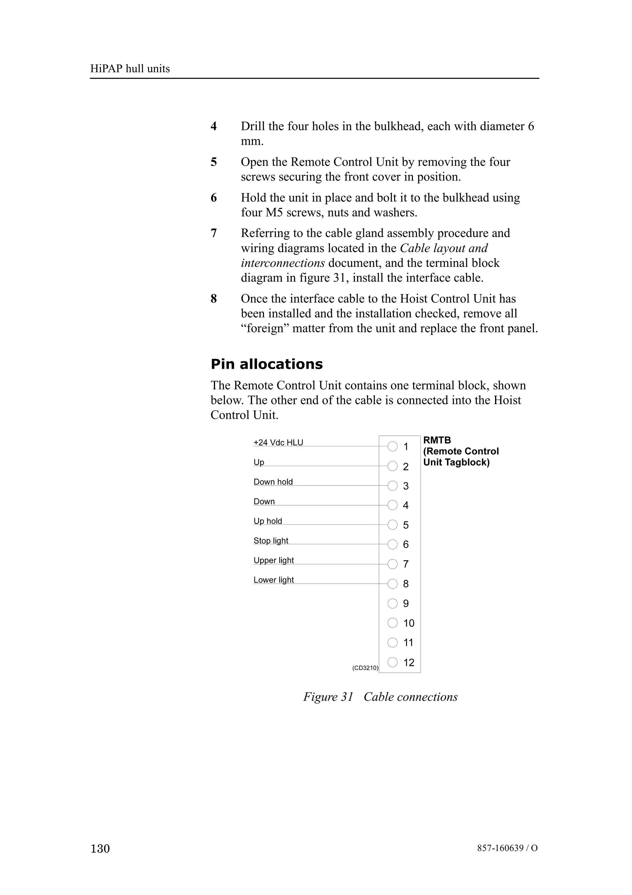 HiPAP hull units
130 857-160639 / O
4 Drill the four holes in the bulkhead, each with diameter 6
mm.
5 Open the Remote Control Unit by removing the four
screws securing the front cover in position.
6 Hold the unit in place and bolt it to the bulkhead using
four M5 screws, nuts and washers.
7 Referring to the cable gland assembly procedure and
wiring diagrams located in the Cable layout and
interconnections document, and the terminal block
diagram in figure 31, install the interface cable.
8 Once the interface cable to the Hoist Control Unit has
been installed and the installation checked, remove all
“foreign” matter from the unit and replace the front panel.
Pin allocations
The Remote Control Unit contains one terminal block, shown
below. The other end of the cable is connected into the Hoist
Control Unit.
Figure 31 Cable connections
 