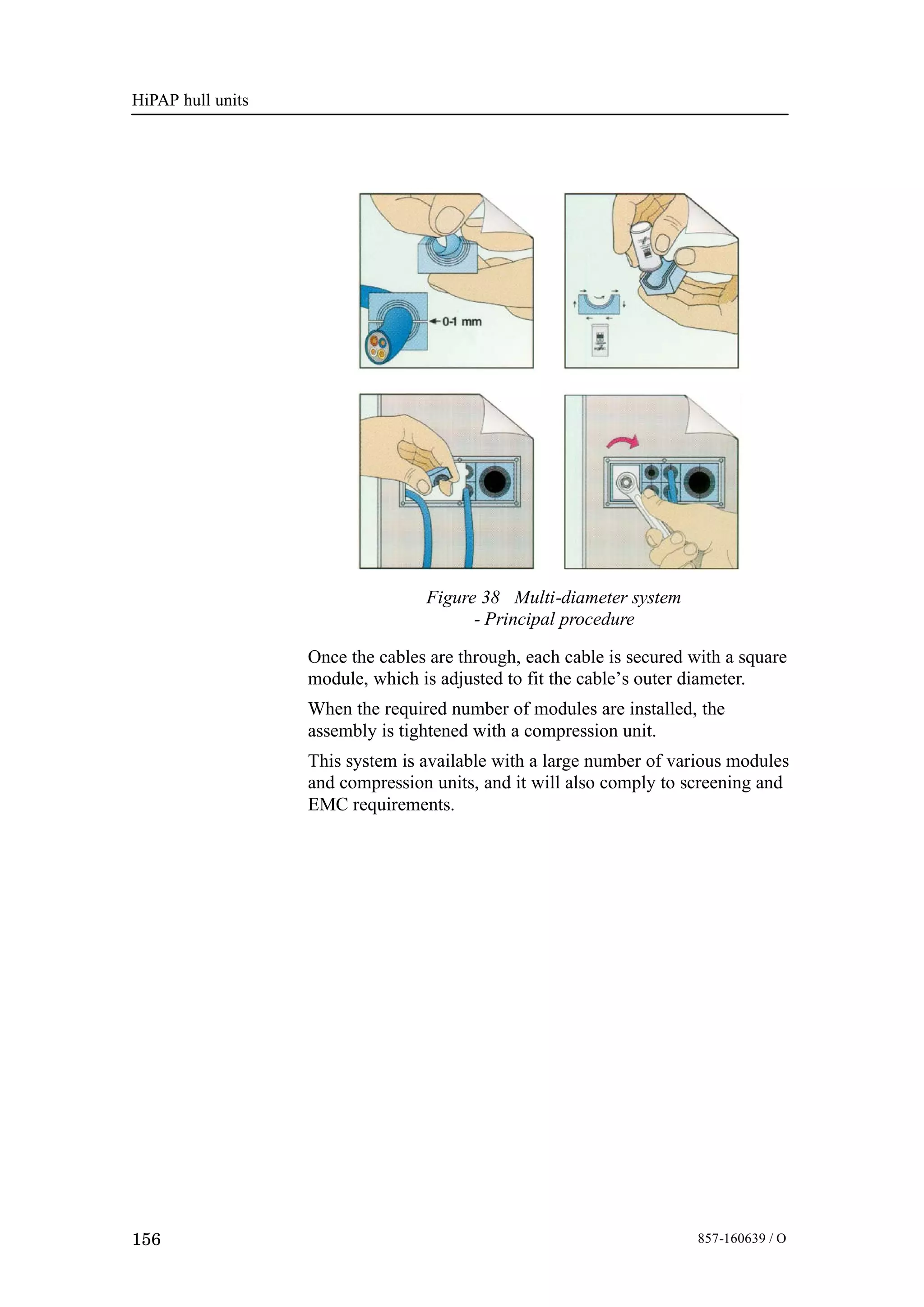 HiPAP hull units
156 857-160639 / O
Figure 38 Multi-diameter system
- Principal procedure
Once the cables are through, each cable is secured with a square
module, which is adjusted to fit the cable’s outer diameter.
When the required number of modules are installed, the
assembly is tightened with a compression unit.
This system is available with a large number of various modules
and compression units, and it will also comply to screening and
EMC requirements.
 
