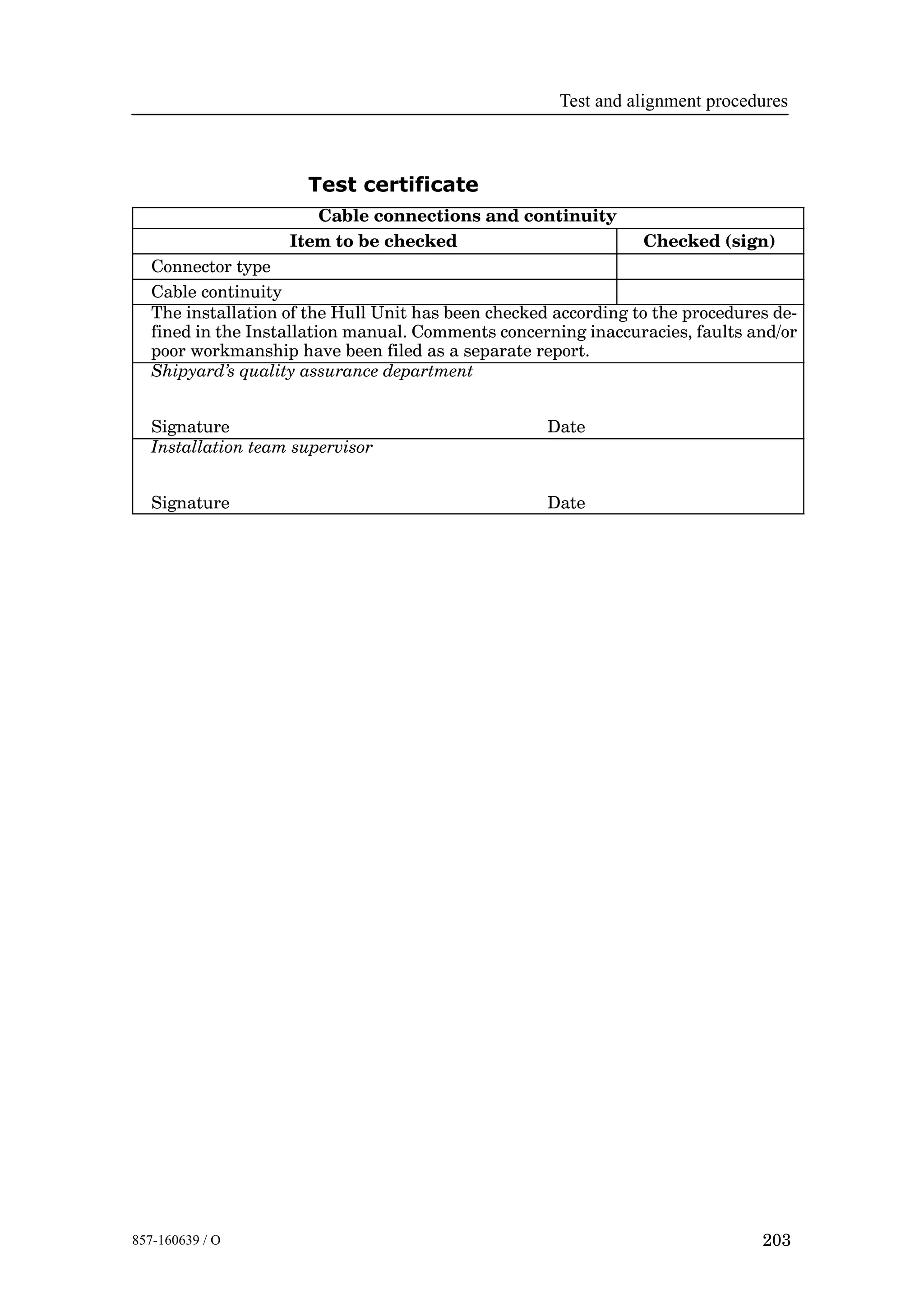 Test and alignment procedures
203857-160639 / O
Test certificate
Cable connections and continuity
Item to be checked Checked (sign)
Connector type
Cable continuity
The installation of the Hull Unit has been checked according to the procedures de-
fined in the Installation manual. Comments concerning inaccuracies, faults and/or
poor workmanship have been filed as a separate report.
Shipyard’s quality assurance department
Signature Date
Installation team supervisor
Signature Date
 