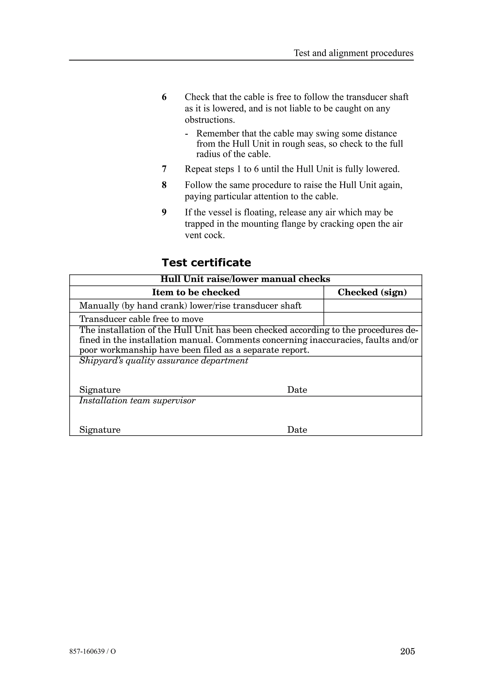 Test and alignment procedures
205857-160639 / O
6 Check that the cable is free to follow the transducer shaft
as it is lowered, and is not liable to be caught on any
obstructions.
- Remember that the cable may swing some distance
from the Hull Unit in rough seas, so check to the full
radius of the cable.
7 Repeat steps 1 to 6 until the Hull Unit is fully lowered.
8 Follow the same procedure to raise the Hull Unit again,
paying particular attention to the cable.
9 If the vessel is floating, release any air which may be
trapped in the mounting flange by cracking open the air
vent cock.
Test certificate
Hull Unit raise/lower manual checks
Item to be checked Checked (sign)
Manually (by hand crank) lower/rise transducer shaft
Transducer cable free to move
The installation of the Hull Unit has been checked according to the procedures de-
fined in the installation manual. Comments concerning inaccuracies, faults and/or
poor workmanship have been filed as a separate report.
Shipyard’s quality assurance department
Signature Date
Installation team supervisor
Signature Date
 