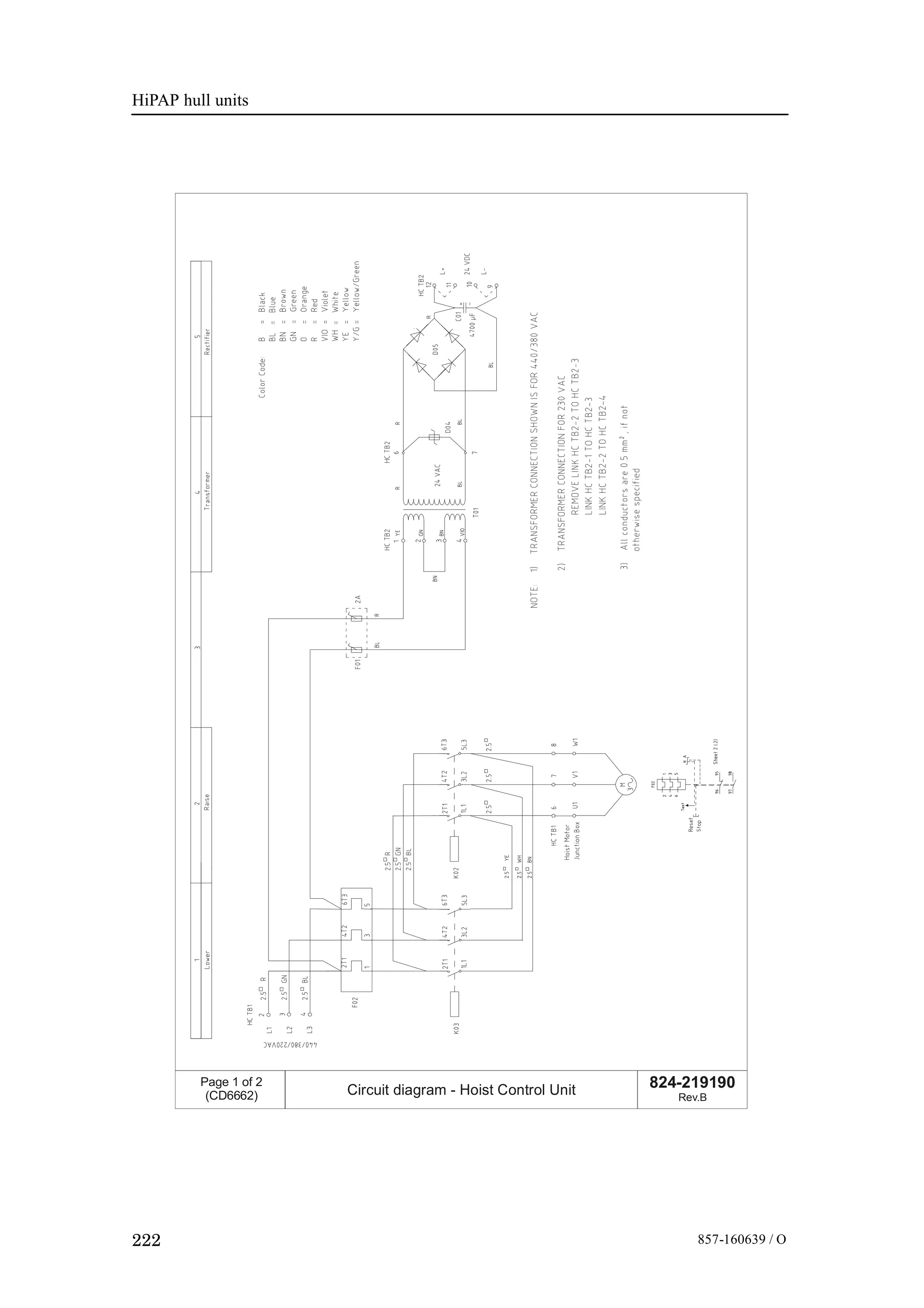 HiPAP hull units
222 857-160639 / O
824-219190
Rev.B
Page 1 of 2
(CD6662) Circuit diagram - Hoist Control Unit
 