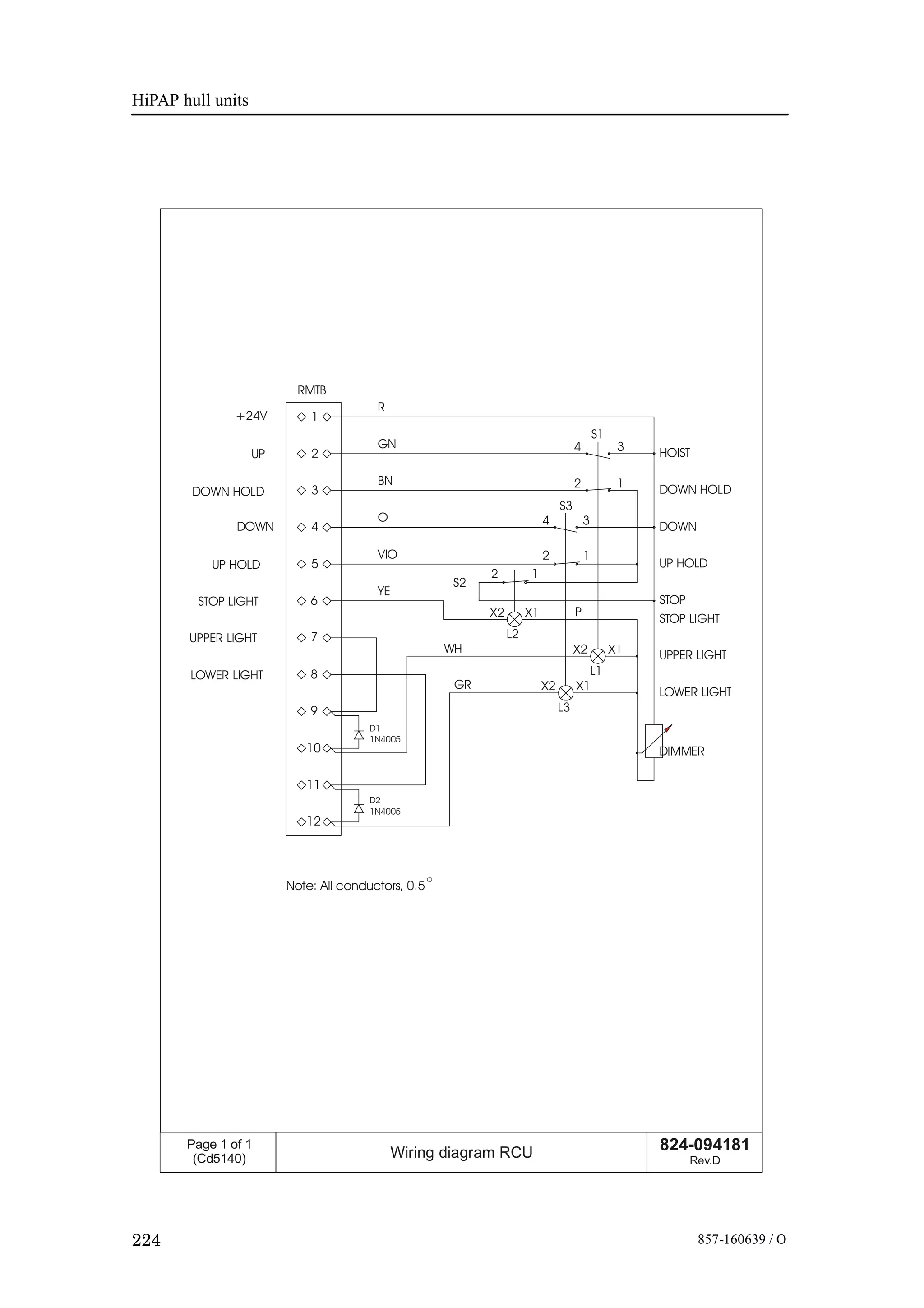 HiPAP hull units
224 857-160639 / O
824-094181
Rev.D
Page 1 of 1
(Cd5140) Wiring diagram RCU
2
1
3
4
7
6
5
12
11
10
8
9
LOWER LIGHT
STOP LIGHT
DOWN
DOWN HOLD
+24V
UP
RMTB
UPPER LIGHT
UP HOLD
DOWN
DOWN HOLD
STOP
UPPER LIGHT
LOWER LIGHT
2 1
4 3
34 HOIST
12
2 1
STOP LIGHT
UP HOLD
S1
S3
S2
X2 X1
L2
L1
X2 X1
L3
X2 X1
DIMMER
R
GN
BN
O
VIO
YE
WH
GR
P
Note: All conductors, 0.5
D2
1N4005
1N4005
D1
 