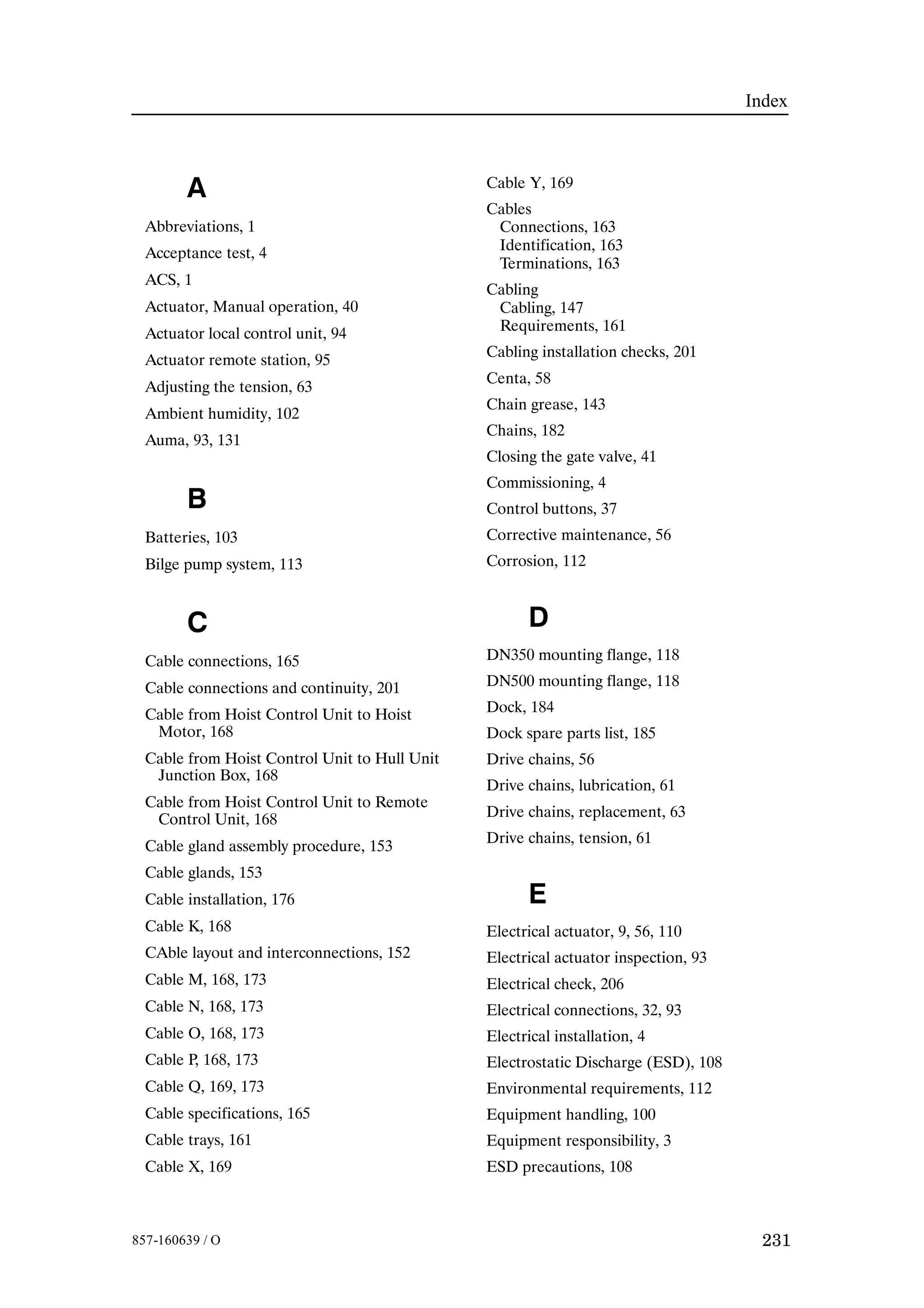 Index
231857-160639 / O
A
Abbreviations, 1
Acceptance test, 4
ACS, 1
Actuator, Manual operation, 40
Actuator local control unit, 94
Actuator remote station, 95
Adjusting the tension, 63
Ambient humidity, 102
Auma, 93, 131
B
Batteries, 103
Bilge pump system, 113
C
Cable connections, 165
Cable connections and continuity, 201
Cable from Hoist Control Unit to Hoist
Motor, 168
Cable from Hoist Control Unit to Hull Unit
Junction Box, 168
Cable from Hoist Control Unit to Remote
Control Unit, 168
Cable gland assembly procedure, 153
Cable glands, 153
Cable installation, 176
Cable K, 168
CAble layout and interconnections, 152
Cable M, 168, 173
Cable N, 168, 173
Cable O, 168, 173
Cable P, 168, 173
Cable Q, 169, 173
Cable specifications, 165
Cable trays, 161
Cable X, 169
Cable Y, 169
Cables
Connections, 163
Identification, 163
Terminations, 163
Cabling
Cabling, 147
Requirements, 161
Cabling installation checks, 201
Centa, 58
Chain grease, 143
Chains, 182
Closing the gate valve, 41
Commissioning, 4
Control buttons, 37
Corrective maintenance, 56
Corrosion, 112
D
DN350 mounting flange, 118
DN500 mounting flange, 118
Dock, 184
Dock spare parts list, 185
Drive chains, 56
Drive chains, lubrication, 61
Drive chains, replacement, 63
Drive chains, tension, 61
E
Electrical actuator, 9, 56, 110
Electrical actuator inspection, 93
Electrical check, 206
Electrical connections, 32, 93
Electrical installation, 4
Electrostatic Discharge (ESD), 108
Environmental requirements, 112
Equipment handling, 100
Equipment responsibility, 3
ESD precautions, 108
 