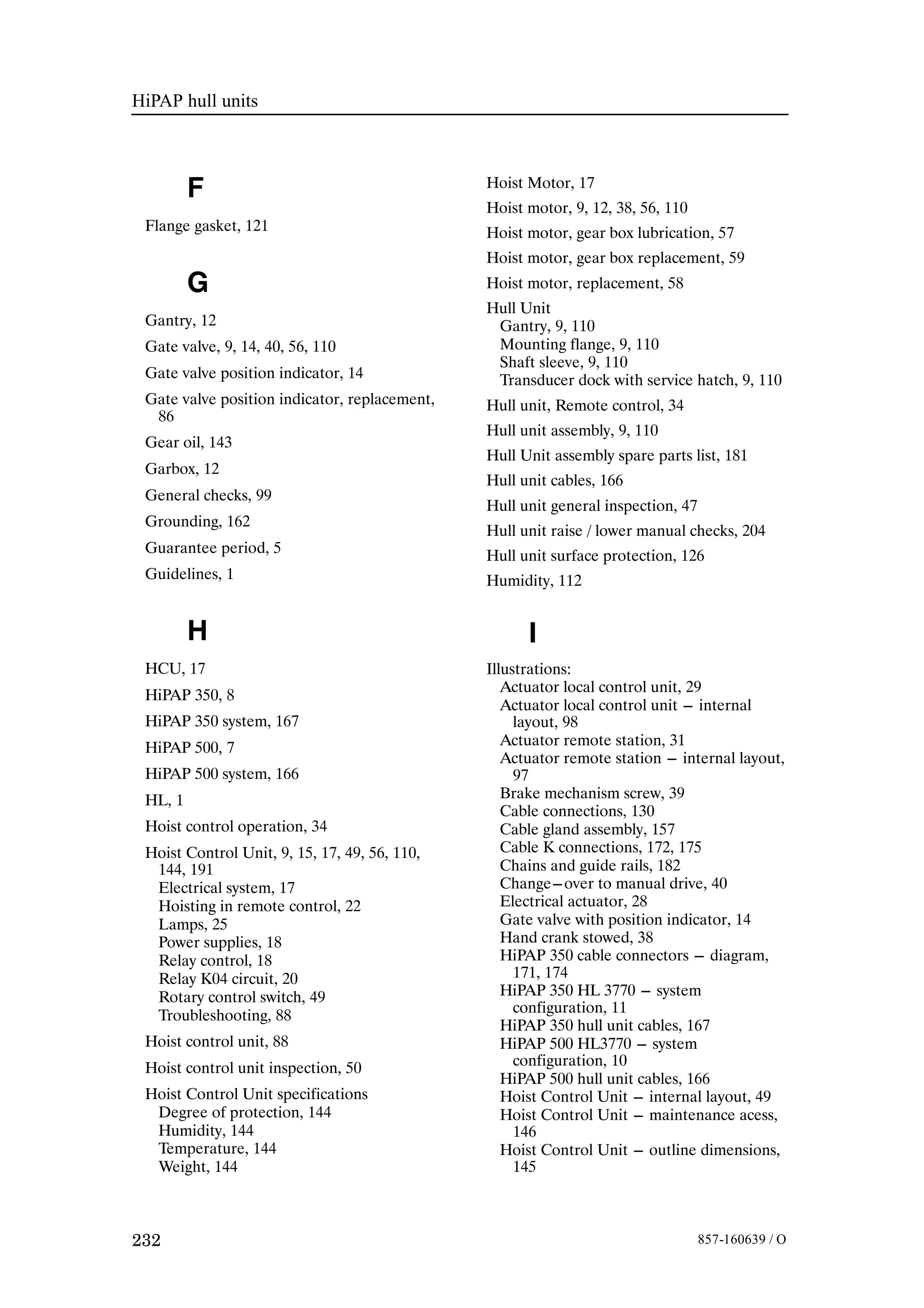 HiPAP hull units
232 857-160639 / O
F
Flange gasket, 121
G
Gantry, 12
Gate valve, 9, 14, 40, 56, 110
Gate valve position indicator, 14
Gate valve position indicator, replacement,
86
Gear oil, 143
Garbox, 12
General checks, 99
Grounding, 162
Guarantee period, 5
Guidelines, 1
H
HCU, 17
HiPAP 350, 8
HiPAP 350 system, 167
HiPAP 500, 7
HiPAP 500 system, 166
HL, 1
Hoist control operation, 34
Hoist Control Unit, 9, 15, 17, 49, 56, 110,
144, 191
Electrical system, 17
Hoisting in remote control, 22
Lamps, 25
Power supplies, 18
Relay control, 18
Relay K04 circuit, 20
Rotary control switch, 49
Troubleshooting, 88
Hoist control unit, 88
Hoist control unit inspection, 50
Hoist Control Unit specifications
Degree of protection, 144
Humidity, 144
Temperature, 144
Weight, 144
Hoist Motor, 17
Hoist motor, 9, 12, 38, 56, 110
Hoist motor, gear box lubrication, 57
Hoist motor, gear box replacement, 59
Hoist motor, replacement, 58
Hull Unit
Gantry, 9, 110
Mounting flange, 9, 110
Shaft sleeve, 9, 110
Transducer dock with service hatch, 9, 110
Hull unit, Remote control, 34
Hull unit assembly, 9, 110
Hull Unit assembly spare parts list, 181
Hull unit cables, 166
Hull unit general inspection, 47
Hull unit raise / lower manual checks, 204
Hull unit surface protection, 126
Humidity, 112
I
Illustrations:
Actuator local control unit, 29
Actuator local control unit --- internal
layout, 98
Actuator remote station, 31
Actuator remote station --- internal layout,
97
Brake mechanism screw, 39
Cable connections, 130
Cable gland assembly, 157
Cable K connections, 172, 175
Chains and guide rails, 182
Change---over to manual drive, 40
Electrical actuator, 28
Gate valve with position indicator, 14
Hand crank stowed, 38
HiPAP 350 cable connectors --- diagram,
171, 174
HiPAP 350 HL 3770 --- system
configuration, 11
HiPAP 350 hull unit cables, 167
HiPAP 500 HL3770 --- system
configuration, 10
HiPAP 500 hull unit cables, 166
Hoist Control Unit --- internal layout, 49
Hoist Control Unit --- maintenance acess,
146
Hoist Control Unit --- outline dimensions,
145
 