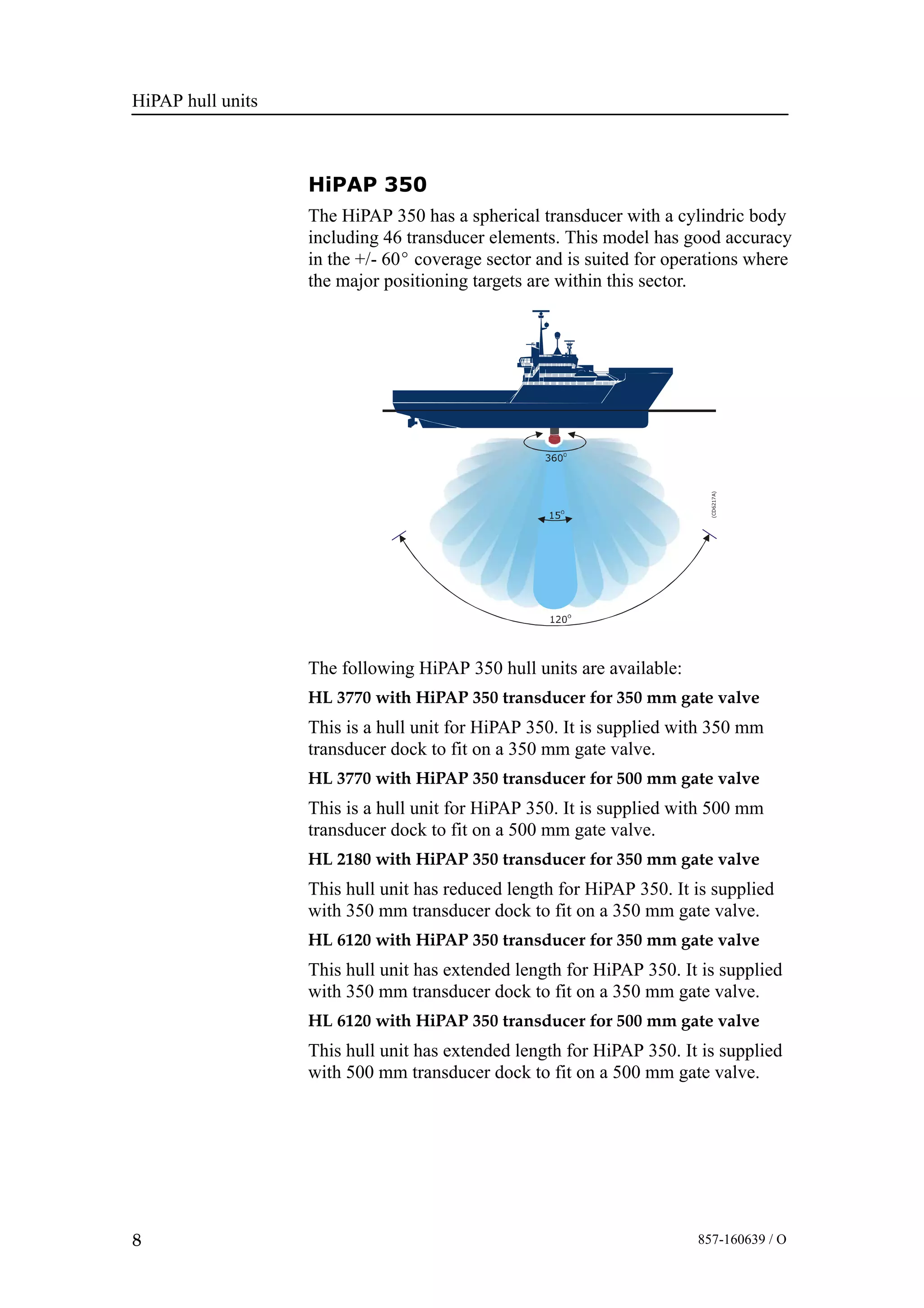HiPAP hull units
8 857-160639 / O
HiPAP 350
The HiPAP 350 has a spherical transducer with a cylindric body
including 46 transducer elements. This model has good accuracy
in the +/- 60_ coverage sector and is suited for operations where
the major positioning targets are within this sector.
(CD6217A)
The following HiPAP 350 hull units are available:
HL 3770 with HiPAP 350 transducer for 350 mm gate valve
This is a hull unit for HiPAP 350. It is supplied with 350 mm
transducer dock to fit on a 350 mm gate valve.
HL 3770 with HiPAP 350 transducer for 500 mm gate valve
This is a hull unit for HiPAP 350. It is supplied with 500 mm
transducer dock to fit on a 500 mm gate valve.
HL 2180 with HiPAP 350 transducer for 350 mm gate valve
This hull unit has reduced length for HiPAP 350. It is supplied
with 350 mm transducer dock to fit on a 350 mm gate valve.
HL 6120 with HiPAP 350 transducer for 350 mm gate valve
This hull unit has extended length for HiPAP 350. It is supplied
with 350 mm transducer dock to fit on a 350 mm gate valve.
HL 6120 with HiPAP 350 transducer for 500 mm gate valve
This hull unit has extended length for HiPAP 350. It is supplied
with 500 mm transducer dock to fit on a 500 mm gate valve.
 