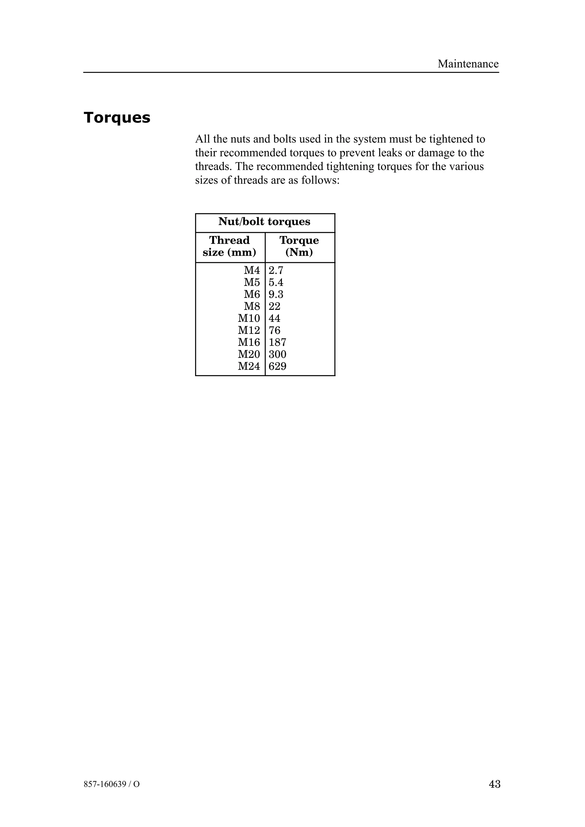Maintenance
43857-160639 / O
Torques
All the nuts and bolts used in the system must be tightened to
their recommended torques to prevent leaks or damage to the
threads. The recommended tightening torques for the various
sizes of threads are as follows:
Nut/bolt torques
Thread
size (mm)
Torque
(Nm)
M4
M5
M6
M8
M10
M12
M16
M20
M24
2.7
5.4
9.3
22
44
76
187
300
629
 