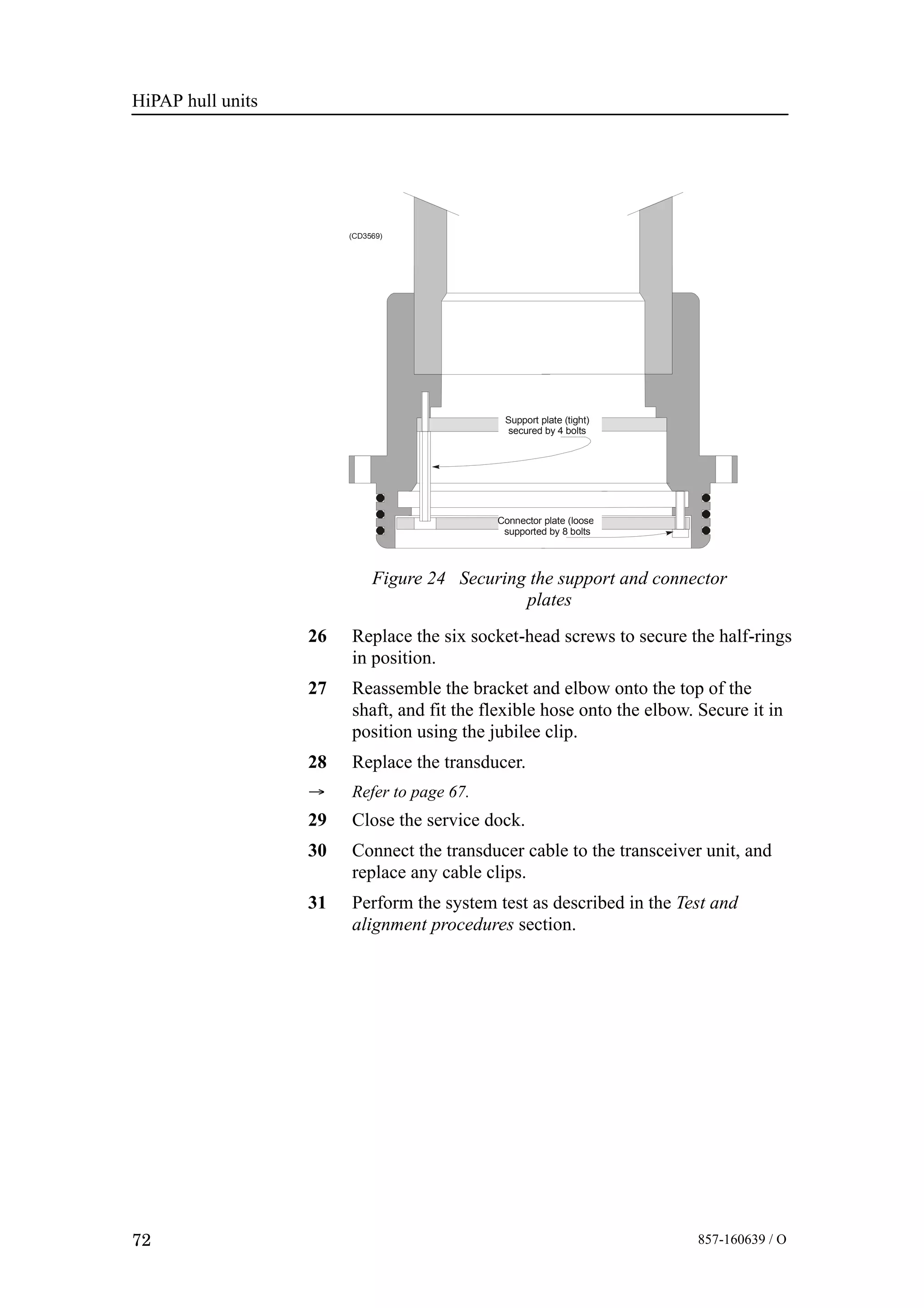 HiPAP hull units
72 857-160639 / O
(CD3569)
Connector plate (loose)
supported by 8 bolts
Support plate (tight)
secured by 4 bolts
Figure 24 Securing the support and connector
plates
26 Replace the six socket-head screws to secure the half-rings
in position.
27 Reassemble the bracket and elbow onto the top of the
shaft, and fit the flexible hose onto the elbow. Secure it in
position using the jubilee clip.
28 Replace the transducer.
→ Refer to page 67.
29 Close the service dock.
30 Connect the transducer cable to the transceiver unit, and
replace any cable clips.
31 Perform the system test as described in the Test and
alignment procedures section.
 