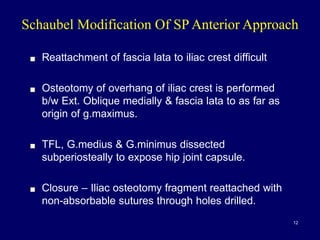 ! Reattachment of fascia lata to iliac crest difficult
! Osteotomy of overhang of iliac crest is performed
b/w Ext. Oblique medially & fascia lata to as far as
origin of g.maximus.
! TFL, G.medius & G.minimus dissected
subperiosteally to expose hip joint capsule.
! Closure – Iliac osteotomy fragment reattached with
non-absorbable sutures through holes drilled.
Schaubel Modification Of SP Anterior Approach
12
 