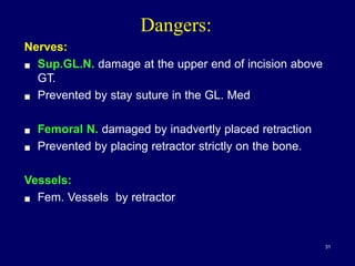 Dangers:
Nerves:
! Sup.GL.N. damage at the upper end of incision above
GT.
! Prevented by stay suture in the GL. Med
! Femoral N. damaged by inadvertly placed retraction
! Prevented by placing retractor strictly on the bone.
Vessels:
! Fem. Vessels by retractor
31
 