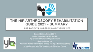 THE HIP ARTHROSCOPY REHABILITATION
GUIDE 2021 - SUMMARY
FOR PATIENTS, SURGEONS AND THERAPISTS
Second Edition. March 2021©
Louise Grant MSc. MCSP. MHCPC
Hip Specialist Chartered Physiotherapist.
Hip-Physiocure, UK
Associate Member International Society For Hip Arthroscopy (ISHA)
In collaboration with The Yorkshire Hip Clinic and Fitcure
 