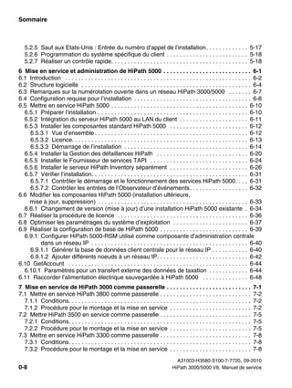 Sommaire Nur für den internen Gebrauch
A31003-H3580-S100-7-7720, 09-2010
0-8 HiPath 3000/5000 V8, Manuel de service
hp3hp5shTOC.fm
5.2.5 Sauf aux Etats-Unis : Entrée du numéro d’appel de l’installation. . . . . . . . . . . . . 5-17
5.2.6 Programmation du système spécifique du client . . . . . . . . . . . . . . . . . . . . . . . . . 5-18
5.2.7 Réaliser un contrôle rapide. . . . . . . . . . . . . . . . . . . . . . . . . . . . . . . . . . . . . . . . . . 5-18
6 Mise en service et administration de HiPath 5000 . . . . . . . . . . . . . . . . . . . . . . . . . . . 6-1
6.1 Introduction . . . . . . . . . . . . . . . . . . . . . . . . . . . . . . . . . . . . . . . . . . . . . . . . . . . . . . . . . 6-2
6.2 Structure logicielle . . . . . . . . . . . . . . . . . . . . . . . . . . . . . . . . . . . . . . . . . . . . . . . . . . . . 6-4
6.3 Remarques sur la numérotation ouverte dans un réseau HiPath 3000/5000 . . . . . . . 6-7
6.4 Configuration requise pour l’installation . . . . . . . . . . . . . . . . . . . . . . . . . . . . . . . . . . . . 6-8
6.5 Mettre en service HiPath 5000 . . . . . . . . . . . . . . . . . . . . . . . . . . . . . . . . . . . . . . . . . . 6-10
6.5.1 Préparer l’installation . . . . . . . . . . . . . . . . . . . . . . . . . . . . . . . . . . . . . . . . . . . . . . 6-10
6.5.2 Intégration du serveur HiPath 5000 au LAN du client . . . . . . . . . . . . . . . . . . . . . 6-11
6.5.3 Installer les composantes standard HiPath 5000 . . . . . . . . . . . . . . . . . . . . . . . . 6-12
6.5.3.1 Vue d’ensemble . . . . . . . . . . . . . . . . . . . . . . . . . . . . . . . . . . . . . . . . . . . . . . . 6-12
6.5.3.2 Licence. . . . . . . . . . . . . . . . . . . . . . . . . . . . . . . . . . . . . . . . . . . . . . . . . . . . . . 6-13
6.5.3.3 Démarrage de l’installation . . . . . . . . . . . . . . . . . . . . . . . . . . . . . . . . . . . . . . 6-14
6.5.4 Installer la Gestion des défaillances HiPath . . . . . . . . . . . . . . . . . . . . . . . . . . . . 6-20
6.5.5 Installer le Fournisseur de services TAPI . . . . . . . . . . . . . . . . . . . . . . . . . . . . . . 6-24
6.5.6 Installer le serveur HiPath Inventory séparément . . . . . . . . . . . . . . . . . . . . . . . . 6-26
6.5.7 Vérifier l’installation. . . . . . . . . . . . . . . . . . . . . . . . . . . . . . . . . . . . . . . . . . . . . . . . 6-31
6.5.7.1 Contrôler le démarrage et le fonctionnement des services HiPath 5000. . . . 6-31
6.5.7.2 Contrôler les entrées de l’Observateur d’événements. . . . . . . . . . . . . . . . . . 6-32
6.6 Modifier les composantes HiPath 5000 (installation ultérieure,
mise à jour, suppression) . . . . . . . . . . . . . . . . . . . . . . . . . . . . . . . . . . . . . . . . . . . . . . 6-33
6.6.1 Changement de version (mise à jour) d’une installation HiPath 5000 existante . 6-34
6.7 Réaliser la procédure de licence . . . . . . . . . . . . . . . . . . . . . . . . . . . . . . . . . . . . . . . . 6-36
6.8 Optimiser les paramétrages du système d’exploitation . . . . . . . . . . . . . . . . . . . . . . . 6-37
6.9 Réaliser la configuration de base de HiPath 5000 . . . . . . . . . . . . . . . . . . . . . . . . . . . 6-39
6.9.1 Configurer HiPath 5000-RSM utilisé comme composante d’administration centrale
dans un réseau IP . . . . . . . . . . . . . . . . . . . . . . . . . . . . . . . . . . . . . . . . . . . . . . . . 6-40
6.9.1.1 Générer la base de données client centrale pour le réseau IP . . . . . . . . . . . 6-40
6.9.1.2 Ajouter différents noeuds à un réseau IP. . . . . . . . . . . . . . . . . . . . . . . . . . . . 6-42
6.10 GetAccount . . . . . . . . . . . . . . . . . . . . . . . . . . . . . . . . . . . . . . . . . . . . . . . . . . . . . . . 6-44
6.10.1 Paramètres pour un transfert externe des données de taxation . . . . . . . . . . . . 6-44
6.11 Raccorder l’alimentation électrique sauvegardée à HiPath 5000 . . . . . . . . . . . . . . 6-48
7 Mise en service de HiPath 3000 comme passerelle . . . . . . . . . . . . . . . . . . . . . . . . . . 7-1
7.1 Mettre en service HiPath 3800 comme passerelle . . . . . . . . . . . . . . . . . . . . . . . . . . . . 7-2
7.1.1 Conditions. . . . . . . . . . . . . . . . . . . . . . . . . . . . . . . . . . . . . . . . . . . . . . . . . . . . . . . . 7-2
7.1.2 Procédure pour le montage et la mise en service . . . . . . . . . . . . . . . . . . . . . . . . . 7-2
7.2 Mettre HiPath 3500 en service comme passerelle . . . . . . . . . . . . . . . . . . . . . . . . . . . . 7-5
7.2.1 Conditions. . . . . . . . . . . . . . . . . . . . . . . . . . . . . . . . . . . . . . . . . . . . . . . . . . . . . . . . 7-5
7.2.2 Procédure pour le montage et la mise en service . . . . . . . . . . . . . . . . . . . . . . . . . 7-5
7.3 Mettre en service HiPath 3300 comme passerelle . . . . . . . . . . . . . . . . . . . . . . . . . . . . 7-8
7.3.1 Conditions. . . . . . . . . . . . . . . . . . . . . . . . . . . . . . . . . . . . . . . . . . . . . . . . . . . . . . . . 7-8
7.3.2 Procédure pour le montage et la mise en service . . . . . . . . . . . . . . . . . . . . . . . . . 7-8
 