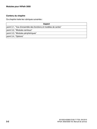 Modules pour HiPath 3000 Nur für den internen Gebrauch
A31003-H3580-S100-7-7720, 09-2010
3-2 HiPath 3000/5000 V8, Manuel de service
boards.fm
Contenu du chapitre
Ce chapitre traite les rubriques suivantes :
Aspect
point 3.1, "Vue d’ensemble des fonctions et modèles de cartes"
point 3.2, "Modules centraux"
point 3.3, "Modules périphériques"
point 3.4, "Options"
 