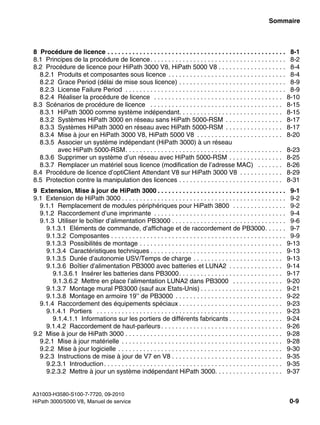hp3hp5shTOC.fm
A31003-H3580-S100-7-7720, 09-2010
HiPath 3000/5000 V8, Manuel de service 0-9
Nur für den internen Gebrauch Sommaire
8 Procédure de licence . . . . . . . . . . . . . . . . . . . . . . . . . . . . . . . . . . . . . . . . . . . . . . . . . . 8-1
8.1 Principes de la procédure de licence. . . . . . . . . . . . . . . . . . . . . . . . . . . . . . . . . . . . . . 8-2
8.2 Procédure de licence pour HiPath 3000 V8, HiPath 5000 V8 . . . . . . . . . . . . . . . . . . . 8-4
8.2.1 Produits et composantes sous licence . . . . . . . . . . . . . . . . . . . . . . . . . . . . . . . . . 8-4
8.2.2 Grace Period (délai de mise sous licence) . . . . . . . . . . . . . . . . . . . . . . . . . . . . . . 8-9
8.2.3 License Failure Period . . . . . . . . . . . . . . . . . . . . . . . . . . . . . . . . . . . . . . . . . . . . . 8-9
8.2.4 Réaliser la procédure de licence . . . . . . . . . . . . . . . . . . . . . . . . . . . . . . . . . . . . 8-10
8.3 Scénarios de procédure de licence . . . . . . . . . . . . . . . . . . . . . . . . . . . . . . . . . . . . . 8-15
8.3.1 HiPath 3000 comme système indépendant. . . . . . . . . . . . . . . . . . . . . . . . . . . . . 8-15
8.3.2 Systèmes HiPath 3000 en réseau sans HiPath 5000-RSM . . . . . . . . . . . . . . . . 8-17
8.3.3 Systèmes HiPath 3000 en réseau avec HiPath 5000-RSM . . . . . . . . . . . . . . . . 8-17
8.3.4 Mise à jour en HiPath 3000 V8, HiPath 5000 V8 . . . . . . . . . . . . . . . . . . . . . . . . 8-20
8.3.5 Associer un système indépendant (HiPath 3000) à un réseau
avec HiPath 5000-RSM. . . . . . . . . . . . . . . . . . . . . . . . . . . . . . . . . . . . . . . . . . . . 8-23
8.3.6 Supprimer un système d’un réseau avec HiPath 5000-RSM . . . . . . . . . . . . . . . 8-25
8.3.7 Remplacer un matériel sous licence (modification de l’adresse MAC) . . . . . . . 8-26
8.4 Procédure de licence d’optiClient Attendant V8 sur HiPath 3000 V8 . . . . . . . . . . . . 8-29
8.5 Protection contre la manipulation des licences . . . . . . . . . . . . . . . . . . . . . . . . . . . . . 8-31
9 Extension, Mise à jour de HiPath 3000 . . . . . . . . . . . . . . . . . . . . . . . . . . . . . . . . . . . . 9-1
9.1 Extension de HiPath 3000 . . . . . . . . . . . . . . . . . . . . . . . . . . . . . . . . . . . . . . . . . . . . . . 9-2
9.1.1 Remplacement de modules périphériques pour HiPath 3800 . . . . . . . . . . . . . . . 9-2
9.1.2 Raccordement d’une imprimante . . . . . . . . . . . . . . . . . . . . . . . . . . . . . . . . . . . . . 9-4
9.1.3 Utiliser le boîtier d’alimentation PB3000 . . . . . . . . . . . . . . . . . . . . . . . . . . . . . . . . 9-6
9.1.3.1 Eléments de commande, d’affichage et de raccordement de PB3000. . . . . . 9-7
9.1.3.2 Composantes . . . . . . . . . . . . . . . . . . . . . . . . . . . . . . . . . . . . . . . . . . . . . . . . . 9-9
9.1.3.3 Possibilités de montage . . . . . . . . . . . . . . . . . . . . . . . . . . . . . . . . . . . . . . . . 9-13
9.1.3.4 Caractéristiques techniques . . . . . . . . . . . . . . . . . . . . . . . . . . . . . . . . . . . . . 9-13
9.1.3.5 Durée d’autonomie USV/Temps de charge . . . . . . . . . . . . . . . . . . . . . . . . . 9-13
9.1.3.6 Boîtier d’alimentation PB3000 avec batteries et LUNA2 . . . . . . . . . . . . . . . 9-14
9.1.3.6.1 Insérer les batteries dans PB3000. . . . . . . . . . . . . . . . . . . . . . . . . . . . . 9-17
9.1.3.6.2 Mettre en place l’alimentation LUNA2 dans PB3000 . . . . . . . . . . . . . . 9-20
9.1.3.7 Montage mural PB3000 (sauf aux Etats-Unis) . . . . . . . . . . . . . . . . . . . . . . . 9-21
9.1.3.8 Montage en armoire 19’’ de PB3000 . . . . . . . . . . . . . . . . . . . . . . . . . . . . . . 9-22
9.1.4 Raccordement des équipements spéciaux . . . . . . . . . . . . . . . . . . . . . . . . . . . . . 9-23
9.1.4.1 Portiers . . . . . . . . . . . . . . . . . . . . . . . . . . . . . . . . . . . . . . . . . . . . . . . . . . . . 9-23
9.1.4.1.1 Informations sur les portiers de différents fabricants . . . . . . . . . . . . . . . 9-24
9.1.4.2 Raccordement de haut-parleurs . . . . . . . . . . . . . . . . . . . . . . . . . . . . . . . . . . 9-26
9.2 Mise à jour de HiPath 3000 . . . . . . . . . . . . . . . . . . . . . . . . . . . . . . . . . . . . . . . . . . . . 9-28
9.2.1 Mise à jour matérielle . . . . . . . . . . . . . . . . . . . . . . . . . . . . . . . . . . . . . . . . . . . . . 9-28
9.2.2 Mise à jour logicielle . . . . . . . . . . . . . . . . . . . . . . . . . . . . . . . . . . . . . . . . . . . . . . 9-30
9.2.3 Instructions de mise à jour de V7 en V8 . . . . . . . . . . . . . . . . . . . . . . . . . . . . . . . 9-35
9.2.3.1 Introduction. . . . . . . . . . . . . . . . . . . . . . . . . . . . . . . . . . . . . . . . . . . . . . . . . . 9-35
9.2.3.2 Mettre à jour un système indépendant HiPath 3000. . . . . . . . . . . . . . . . . . . 9-37
 