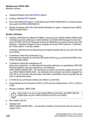 Modules pour HiPath 3000 Nur für den internen Gebrauch
A31003-H3580-S100-7-7720, 09-2010
3-20 HiPath 3000/5000 V8, Manuel de service
boards.fm
Modules centraux
● Integrated Modem Card New IMODN (option)
● musique d’attente MPPI (option)
● Entry Voice Mail EVM (option) : enfichable jusqu’à HiPath 3000/5000 V7, soudée de façon
fixe à partir de HiPath 3000/5000 V8.
● Module d’interface LAN LIM (LAN Interface Module) (en option, uniquement pour CBCC
S30810-Q2935-A301)
Sorties, interfaces
● Interface LAN Ethernet (10BaseT/10 MBit), uniquement pour CBCC S30810-Q2935-A401
L’interface peut être utilisée pour l’administration via HiPath 3000 Manager E et les fonc-
tions CTI (TAPI 120 V2.0). Respecter la limite de 400 BHCA au maximum (Busy Hour Call
Attempts = Tentatives d’appel à l’heure chargée) sur 6 ports TAPI maximum. L’utilisation
de "Power Dialern" n’est pas validée !
L’interface LAN Ethernet est désactivée par le logiciel système dès qu’une carte HG 1500
est enfichée.
● 8 interfaces d’abonnés numériques UP0/E
Permettent par exemple de raccorder des postes Client UP0/E ou des bornes BS3/1 pour
HiPath Cordless Office.
● 4 interfaces d’abonnés analogiques a/b
Etats-Unis uniquement : le raccordement de postes extérieurs via signalisation OPS (Off-
Premises Station) n’est pas supporté sur ces interfaces.
CBCC S30810-Q2935-A401 : les interfaces fournissent une tension d’appel d’environ 65
Veff. CBCC S30810-Q2935-A301 : les interfaces a/b fournissent une tension d’appel d’en-
viron 35 Veff. En fonction des terminaux raccordés, la possibilité d’erreurs pendant les ap-
pels ne saurait être exclue.
● 2 interfaces S0 numériques (réseau (par défaut) ou abonnés)
● Raccordement du fond de panier (CUC ou CUP) par les emplacements 1 (X11), 2 (X5) et
3 (X6)
● Musique d’attente : MPPI, EXM
● Bus d’option (bus O)
● Interface V.24
CBCC S30810-Q2935-A301 : une deuxième interface V.24 peut être mise en oeuvre via
l’option V24/1.
>
Il faut veiller à ce qu’un seul module MPPI soit branché. Soit MPPI S30122-
K5380-X200 via X4 ou MPPI S30122-K7275-B via X19/X20.
 