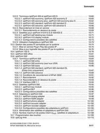 hp3hp5shTOC.fm
A31003-H3580-S100-7-7720, 09-2010
HiPath 3000/5000 V8, Manuel de service 0-11
Nur für den internen Gebrauch Sommaire
10.2.2 Terminaux optiPoint 420 et optiPoint 420 S . . . . . . . . . . . . . . . . . . . . . . . . . . 10-60
10.2.2.1 optiPoint 420 economy, optiPoint 420 economy S . . . . . . . . . . . . . . . . . 10-60
10.2.2.2 optiPoint 420 economy plus, optiPoint 420 economy plus S . . . . . . . . . . 10-62
10.2.2.3 optiPoint 420 standard, optiPoint 420 standard S . . . . . . . . . . . . . . . . . . 10-64
10.2.2.4 optiPoint 420 advance, optiPoint 420 advance S . . . . . . . . . . . . . . . . . . 10-66
10.2.3 Raccordement et mise en service . . . . . . . . . . . . . . . . . . . . . . . . . . . . . . . . . 10-68
10.2.3.1 Raccordements en dessous du poste . . . . . . . . . . . . . . . . . . . . . . . . . . . 10-69
10.2.4 Satellites pour optiPoint 410/410 S et 420/420 S . . . . . . . . . . . . . . . . . . . . . . 10-71
10.2.4.1 optiPoint self labeling key module . . . . . . . . . . . . . . . . . . . . . . . . . . . . . . 10-71
10.2.4.2 optiPoint 410 display module . . . . . . . . . . . . . . . . . . . . . . . . . . . . . . . . . . 10-72
10.2.4.3 Configurations possibles des satellites . . . . . . . . . . . . . . . . . . . . . . . . . . 10-73
10.2.5 Utilisation d’adaptateurs optiPoint 500 . . . . . . . . . . . . . . . . . . . . . . . . . . . . . . 10-73
10.3 Gestion des postes IP centralisée par le système . . . . . . . . . . . . . . . . . . . . . . . . 10-74
10.3.1 Mise en service Plug’n Play des postes IP . . . . . . . . . . . . . . . . . . . . . . . . . . . 10-75
10.3.2 Mise à jour logicielle des postes IP par le système . . . . . . . . . . . . . . . . . . . . 10-76
10.4 optiPoint 150 S . . . . . . . . . . . . . . . . . . . . . . . . . . . . . . . . . . . . . . . . . . . . . . . . . . . 10-78
10.5 optiPoint 600 office . . . . . . . . . . . . . . . . . . . . . . . . . . . . . . . . . . . . . . . . . . . . . . . . 10-81
10.6 optiPoint 500 . . . . . . . . . . . . . . . . . . . . . . . . . . . . . . . . . . . . . . . . . . . . . . . . . . . . . 10-83
10.6.1 Terminaux optiPoint 500 . . . . . . . . . . . . . . . . . . . . . . . . . . . . . . . . . . . . . . . . 10-84
10.6.1.1 optiPoint 500 entry . . . . . . . . . . . . . . . . . . . . . . . . . . . . . . . . . . . . . . . . . . 10-84
10.6.1.2 optiPoint 500 economy (sauf aux USA) . . . . . . . . . . . . . . . . . . . . . . . . . . 10-85
10.6.1.3 optiPoint 500 basic . . . . . . . . . . . . . . . . . . . . . . . . . . . . . . . . . . . . . . . . . 10-86
10.6.1.4 optiPoint 500 standard, optiPoint 500 standard SL
(Etats-Unis uniquement) . . . . . . . . . . . . . . . . . . . . . . . . . . . . . . . . . . . . . . 10-87
10.6.1.5 optiPoint 500 advance . . . . . . . . . . . . . . . . . . . . . . . . . . . . . . . . . . . . . . . 10-89
10.6.1.6 Conditions de raccordement à HiPath 3000. . . . . . . . . . . . . . . . . . . . . . . 10-91
10.6.1.7 Raccordement . . . . . . . . . . . . . . . . . . . . . . . . . . . . . . . . . . . . . . . . . . . . . 10-92
10.6.1.8 Raccordements en dessous du poste . . . . . . . . . . . . . . . . . . . . . . . . . . . 10-93
10.6.1.9 Interface USB 1.1 . . . . . . . . . . . . . . . . . . . . . . . . . . . . . . . . . . . . . . . . . . . 10-94
10.6.2 Satellites optiPoint 500 . . . . . . . . . . . . . . . . . . . . . . . . . . . . . . . . . . . . . . . . . . 10-95
10.6.2.1 optiPoint key module . . . . . . . . . . . . . . . . . . . . . . . . . . . . . . . . . . . . . . . . 10-95
10.6.2.2 optiPoint BLF . . . . . . . . . . . . . . . . . . . . . . . . . . . . . . . . . . . . . . . . . . . . . . 10-96
10.6.2.3 Configurations possibles des satellites . . . . . . . . . . . . . . . . . . . . . . . . . . 10-96
10.6.3 Adaptateurs optiPoint 500 . . . . . . . . . . . . . . . . . . . . . . . . . . . . . . . . . . . . . . . 10-97
10.6.3.1 optiPoint analog adapter . . . . . . . . . . . . . . . . . . . . . . . . . . . . . . . . . . . . . 10-98
10.6.3.2 optiPoint ISDN adapter . . . . . . . . . . . . . . . . . . . . . . . . . . . . . . . . . . . . . . 10-99
10.6.3.3 optiPoint phone adapter . . . . . . . . . . . . . . . . . . . . . . . . . . . . . . . . . . . . 10-100
10.6.3.4 optiPoint acoustic adapter . . . . . . . . . . . . . . . . . . . . . . . . . . . . . . . . . . . 10-102
10.6.3.5 optiPoint recorder adapter . . . . . . . . . . . . . . . . . . . . . . . . . . . . . . . . . . . 10-105
10.6.3.6 Configurations possibles des adaptateurs optiPoint. . . . . . . . . . . . . . . . 10-106
10.6.4 Alimentation des satellites et adaptateurs optiPoint 500. . . . . . . . . . . . . . . . 10-107
10.6.5 Nombre maximum de postes Client UP0/E, satellites et adaptateurs . . . . . . 10-108
10.7 Programmation des touches . . . . . . . . . . . . . . . . . . . . . . . . . . . . . . . . . . . . . . . . 10-109
10.8 optiLog 4me . . . . . . . . . . . . . . . . . . . . . . . . . . . . . . . . . . . . . . . . . . . . . . . . . . . . . 10-110
 