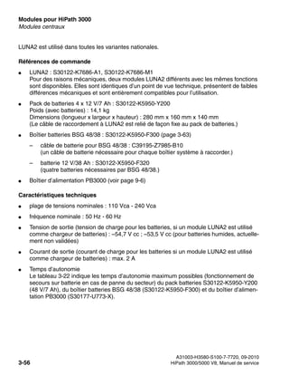 Modules pour HiPath 3000 Nur für den internen Gebrauch
A31003-H3580-S100-7-7720, 09-2010
3-56 HiPath 3000/5000 V8, Manuel de service
boards.fm
Modules centraux
LUNA2 est utilisé dans toutes les variantes nationales.
Références de commande
● LUNA2 : S30122-K7686-A1, S30122-K7686-M1
Pour des raisons mécaniques, deux modules LUNA2 différents avec les mêmes fonctions
sont disponibles. Elles sont identiques d’un point de vue technique, présentent de faibles
différences mécaniques et sont entièrement compatibles pour l’utilisation.
● Pack de batteries 4 x 12 V/7 Ah : S30122-K5950-Y200
Poids (avec batteries) : 14,1 kg
Dimensions (longueur x largeur x hauteur) : 280 mm x 160 mm x 140 mm
(Le câble de raccordement à LUNA2 est relié de façon fixe au pack de batteries.)
● Boîtier batteries BSG 48/38 : S30122-K5950-F300 (page 3-63)
– câble de batterie pour BSG 48/38 : C39195-Z7985-B10
(un câble de batterie nécessaire pour chaque boîtier système à raccorder.)
– batterie 12 V/38 Ah : S30122-X5950-F320
(quatre batteries nécessaires par BSG 48/38.)
● Boîtier d’alimentation PB3000 (voir page 9-6)
Caractéristiques techniques
● plage de tensions nominales : 110 Vca - 240 Vca
● fréquence nominale : 50 Hz - 60 Hz
● Tension de sortie (tension de charge pour les batteries, si un module LUNA2 est utilisé
comme chargeur de batteries) : –54,7 V cc ; –53,5 V cc (pour batteries humides, actuelle-
ment non validées)
● Courant de sortie (courant de charge pour les batteries si un module LUNA2 est utilisé
comme chargeur de batteries) : max. 2 A
● Temps d’autonomie
Le tableau 3-22 indique les temps d’autonomie maximum possibles (fonctionnement de
secours sur batterie en cas de panne du secteur) du pack batteries S30122-K5950-Y200
(48 V/7 Ah), du boîtier batteries BSG 48/38 (S30122-K5950-F300) et du boîtier d’alimen-
tation PB3000 (S30177-U773-X).
 