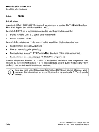 Modules pour HiPath 3000 Nur für den internen Gebrauch
A31003-H3580-S100-7-7720, 09-2010
3-94 HiPath 3000/5000 V8, Manuel de service
boards.fm
Modules périphériques
3.3.3 DIUT2
Introduction
A partir de HiPath 3000/5000 V7, version 5 au minimum, le module DIUT2 (Digital Interface
Unit Trunk 2) peut être utilisé dans HiPath 3800.
Le module DIUT2 est le successeur compatible pour les modules suivants :
● DIU2U (S30810-Q2216-X) (Etats-Unis uniquement)
● DIUN2 (S30810-Q2196-X)
Le module fournit deux raccordements pour les possibilités d’utilisation suivantes :
● Raccordement réseau S2M (par NT)
● Mise en réseau S2M via lignes S2M
● Raccordement réseau T1-PRI (Primary Rate Interface) (Etats-Unis uniquement)
● Raccordement réseau analogique T1 (Etats-Unis uniquement)
Au total, jusqu’à trois modules DIUT2 et/ou DIUN2 peuvent être utilisés dans un système. Dans
le cadre du raccordement réseau T1 (PRI ou analogique), jusqu’à quatre modules DIUT2 et/
ou DIU2U peuvent être enfichés dans un système.
>
Sauf aux Etats-Unis : les canaux B du module DIUT2 sont soumis à licence. Vous
trouverez des informations sur la procédure de licence au chapitre 8, "Procédure de
licence".
 