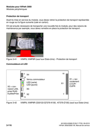 Modules pour HiPath 3000 Nur für den internen Gebrauch
A31003-H3580-S100-7-7720, 09-2010
3-116 HiPath 3000/5000 V8, Manuel de service
boards.fm
Modules périphériques
Protection de transport
Avant la mise en service du module, vous devez retirer la protection de transport représentée
en rouge sur la figure suivante (cale en carton).
S’il est ensuite nécessaire de transporter une nouvelle fois le module, pour des raisons de
maintenance par exemple, vous devez remettre en place la protection de transport.
Commutateurs et LED
Figure 3-41 IVMP8, IVMP8R (sauf aux Etats-Unis) - Protection de transport
Figure 3-42 IVMP8, IVMP8R (S30122-Q7379-X100, -K7379-Z100) (sauf aux Etats-Unis)
2
50
X1 = rac-
cordement
à CUP/
CUPR
Verrou commutateur
LED (verte)
LED (jaune)
X2
10
2
X4
10
2
X3 = con-
nexion LAN,
prise RJ45
8 pôlesPrise
X3
X1
 