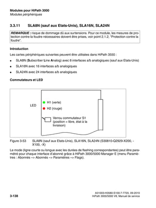 Modules pour HiPath 3000 Nur für den internen Gebrauch
A31003-H3580-S100-7-7720, 09-2010
3-138 HiPath 3000/5000 V8, Manuel de service
boards.fm
Modules périphériques
3.3.11 SLA8N (sauf aux Etats-Unis), SLA16N, SLA24N
Introduction
Les cartes périphériques suivantes peuvent être utilisées dans HiPath 3550 :
● SLA8N (Subscriber Line Analog) avec 8 interfaces a/b analogiques (sauf aux Etats-Unis)
● SLA16N avec 16 interfaces a/b analogiques
● SLA24N avec 24 interfaces a/b analogiques
Commutateurs et LED
Le mode (ligne courte ou longue avec les durées de flashing correspondantes) peut être para-
métré pour chaque interface d’abonné grâce à HiPath 3000/5000 Manager E (menu Paramè-
tres : Abonnés –> Abonnés –> Paramètres –> Flags).
REMARQUE : risque de dommage dû aux surtensions. Pour ce module, les mesures de pro-
tection contre la foudre nécessaires doivent être prises, voir point 2.1.2, "Protection contre la
foudre".
Figure 3-53 SLA8N (sauf aux Etats-Unis), SLA16N, SLA24N (S30810-Q2929-X200, -
X100, -X)
H1 (verte)
H2 (rouge)
LED
Verrou commutateur S1
(position = libre, état à la
livraison)
 